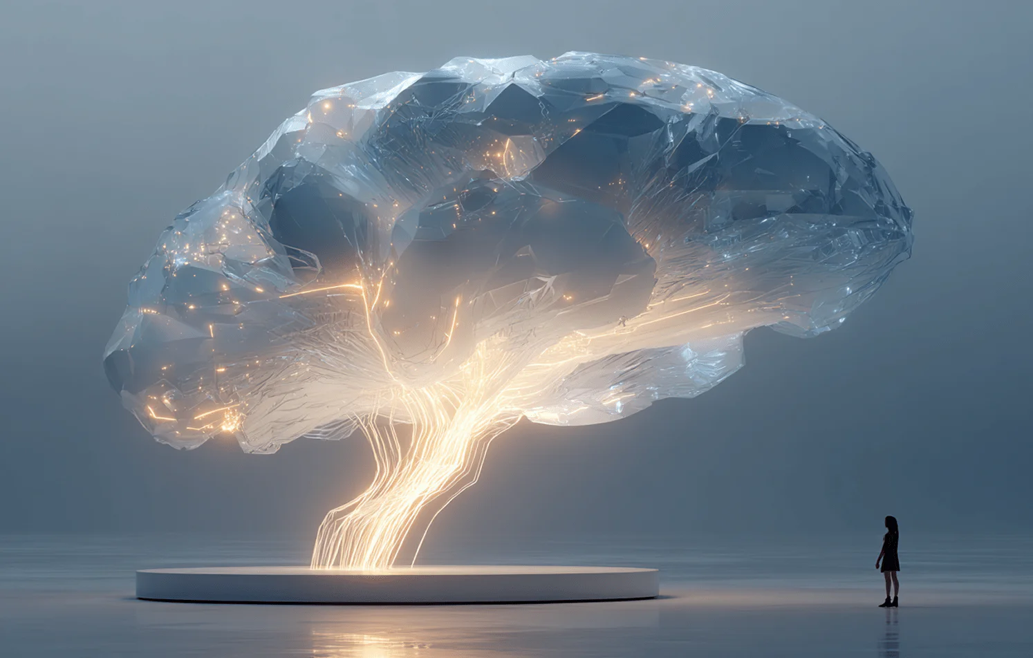 Futuristic Brain Structure Glowing digital brain with person standing nearby.