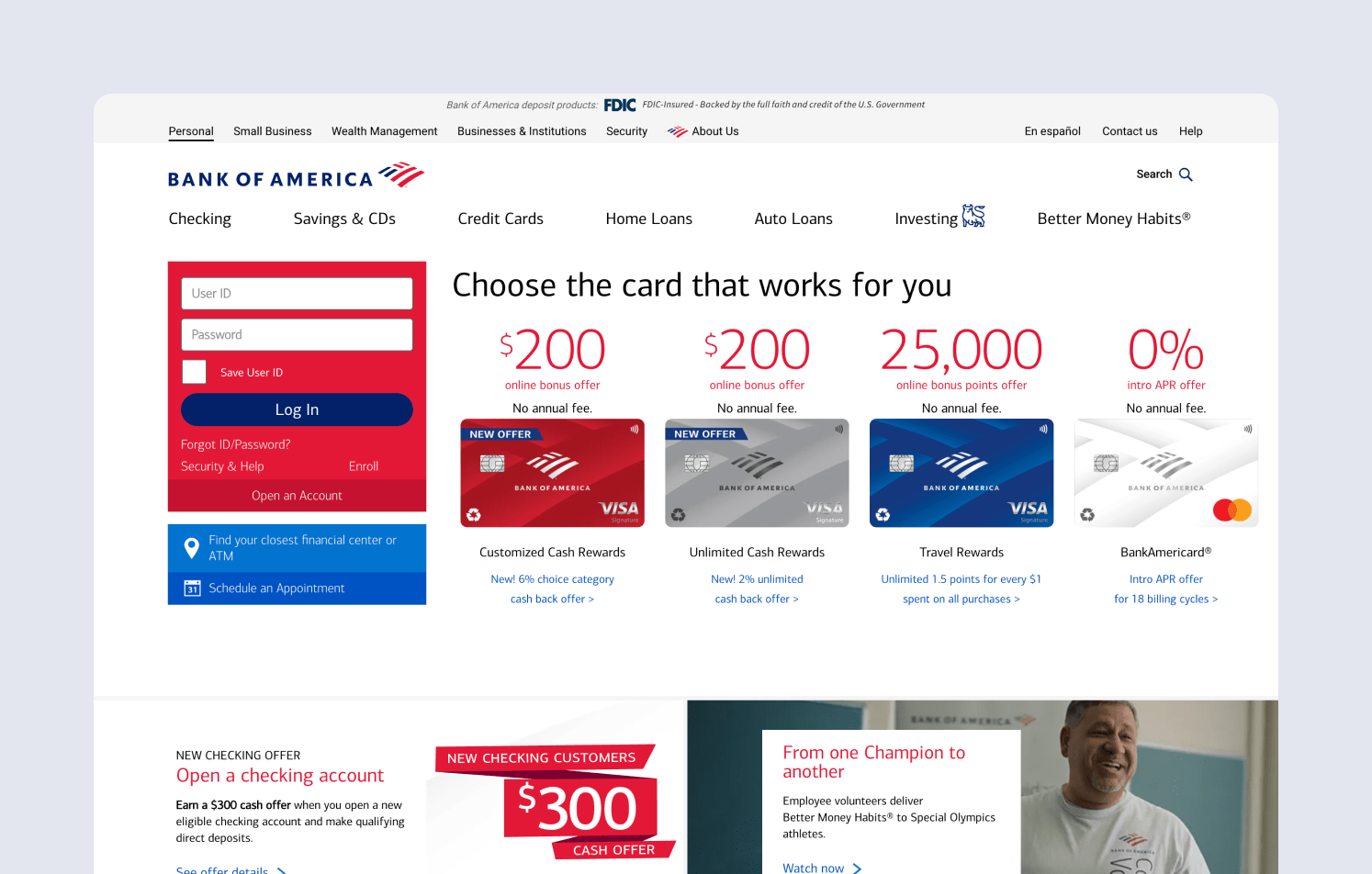 Bank of America homepage Busy Bank of America homepage with multiple menus and offers, showing lack of clear user flow and visual hierarchy.