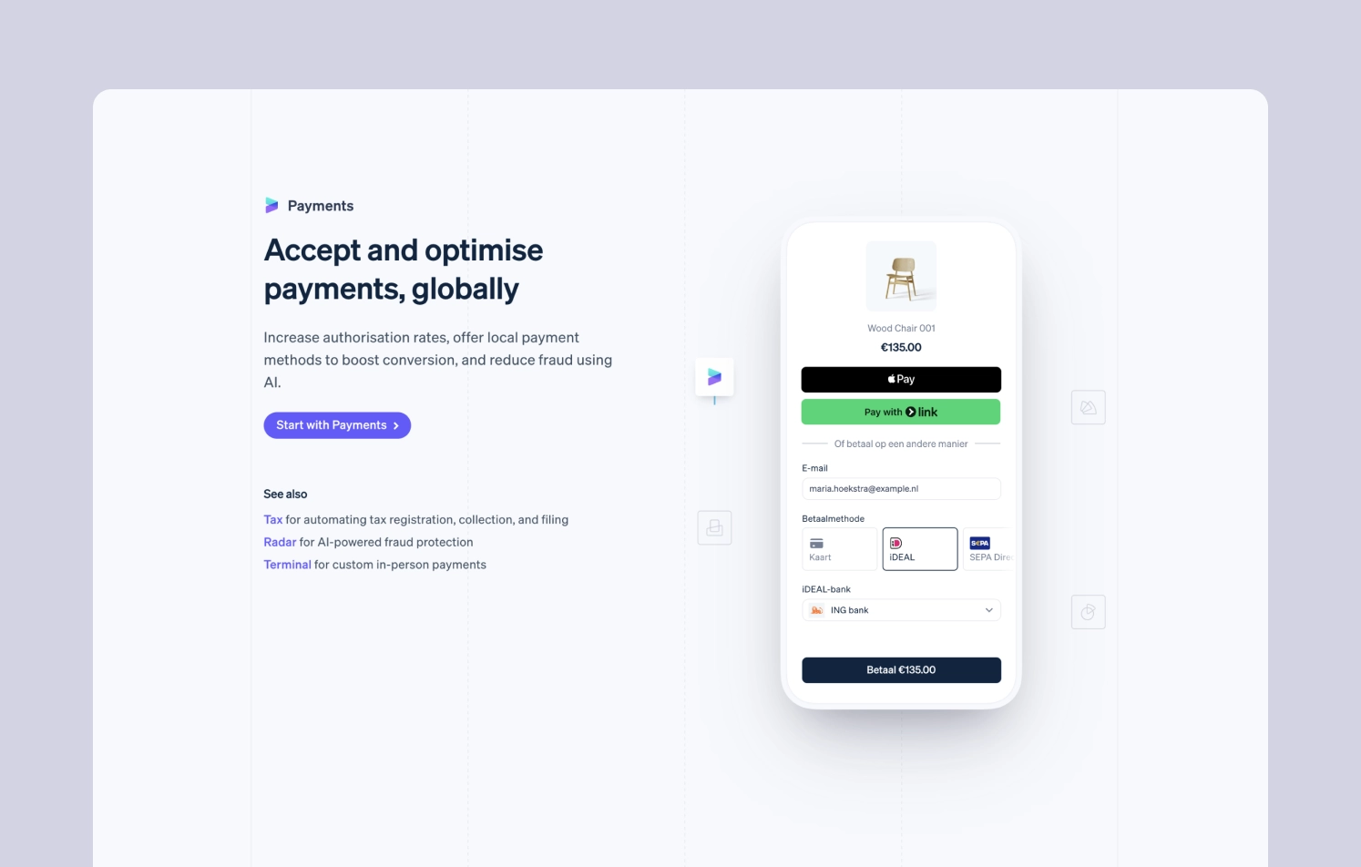 Сlean website interface A clean website interface displaying 'Payments: Accept and optimize payments, globally' on the left, with text about increasing authorization rates.