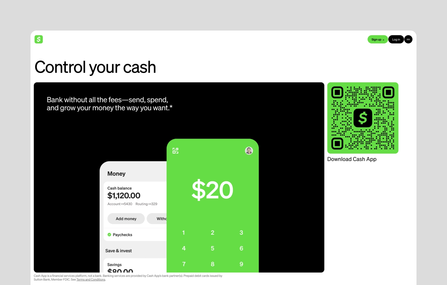 Cash App website Cash App website displaying 'Control your cash,' with a mobile app interface showing a $1,120 cash balance and a QR code to download the app.