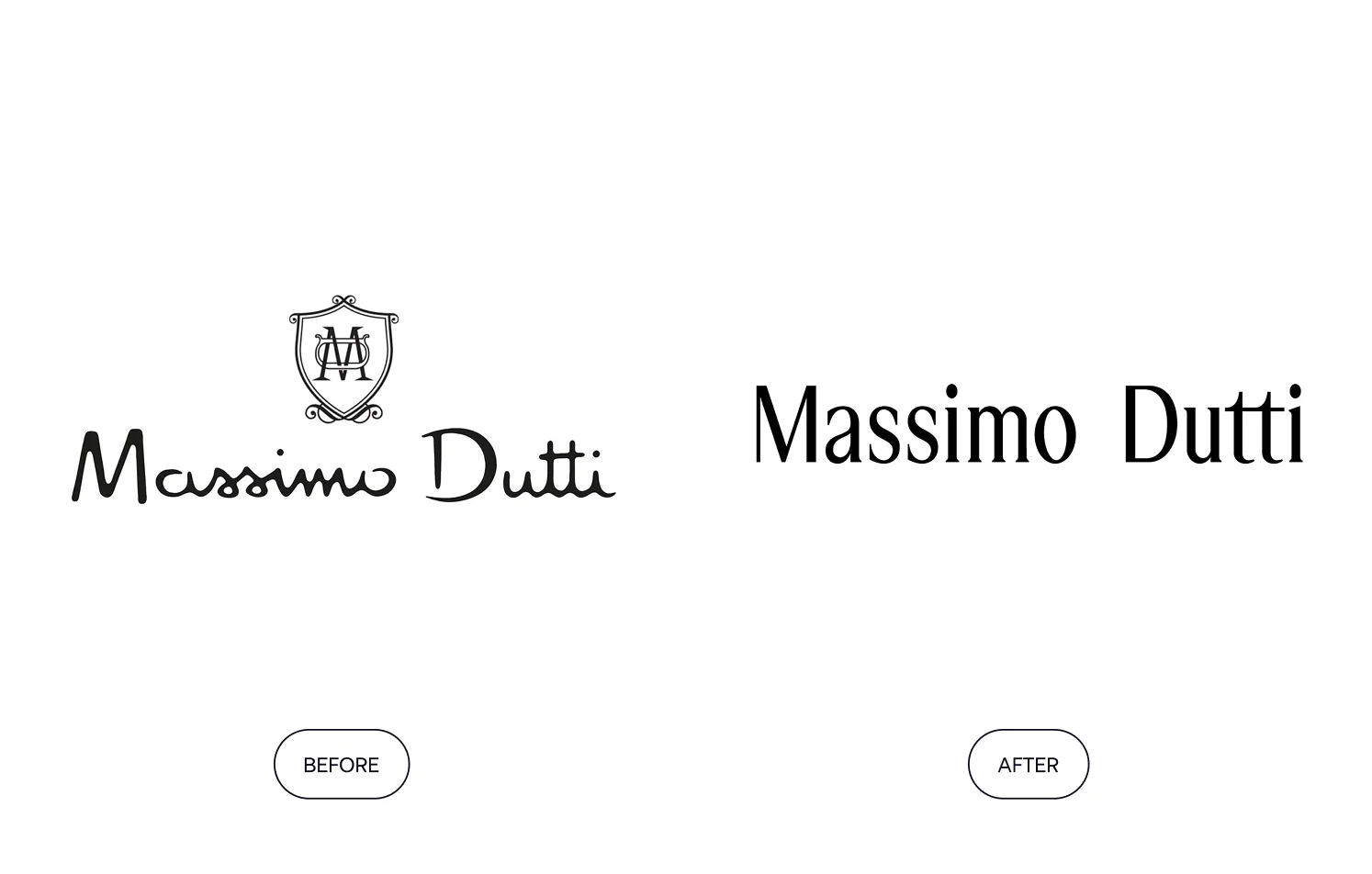 Massimo Dutti Logo Redesign: Before and After Massimo Dutti logo before and after redesign — old version with ornate script and crest, new version with clean serif font.