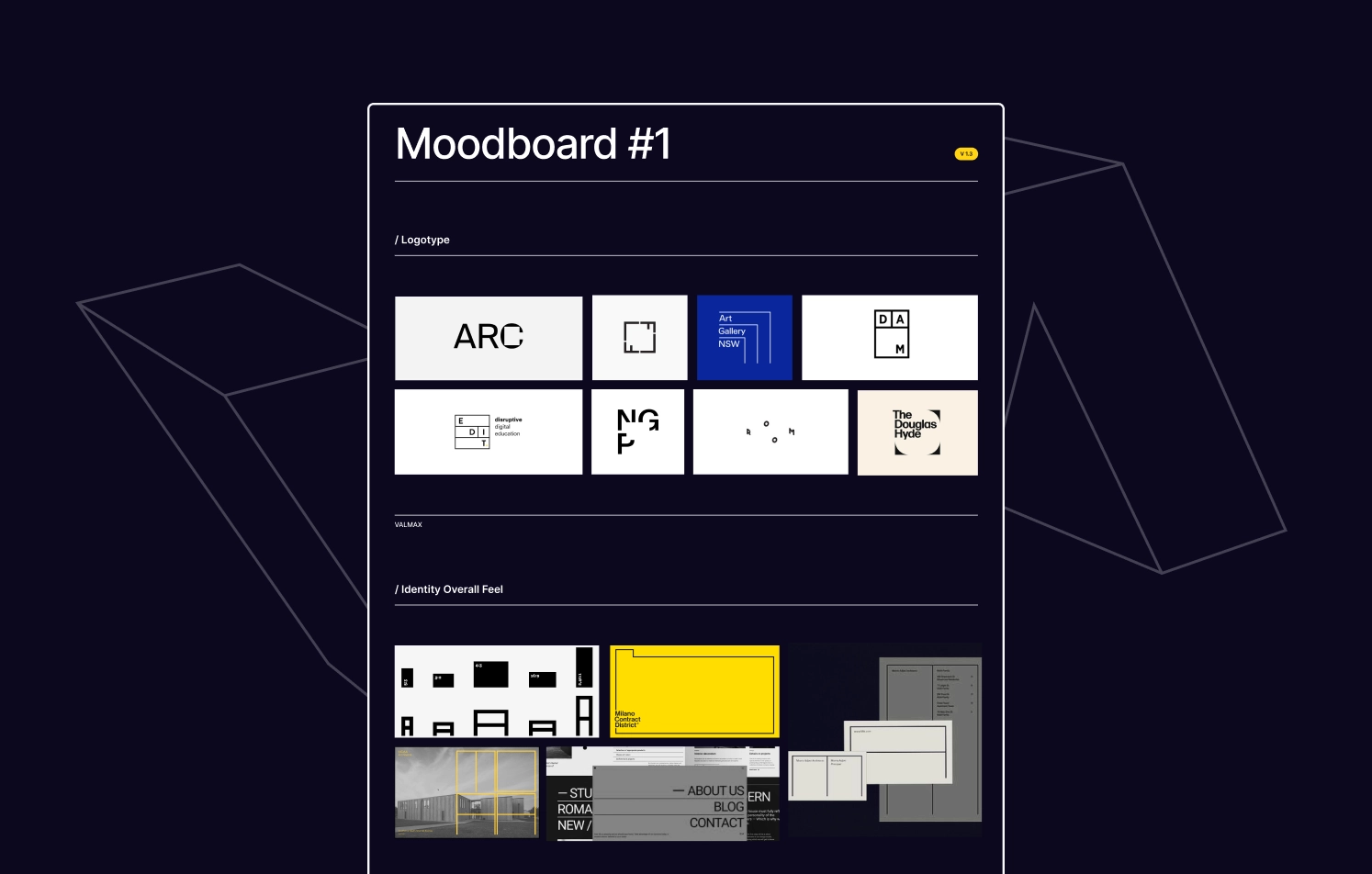Minimalist Logo and Identity Moodboard Moodboard featuring minimalist logotype designs and examples of modern, grid-based visual identity systems.