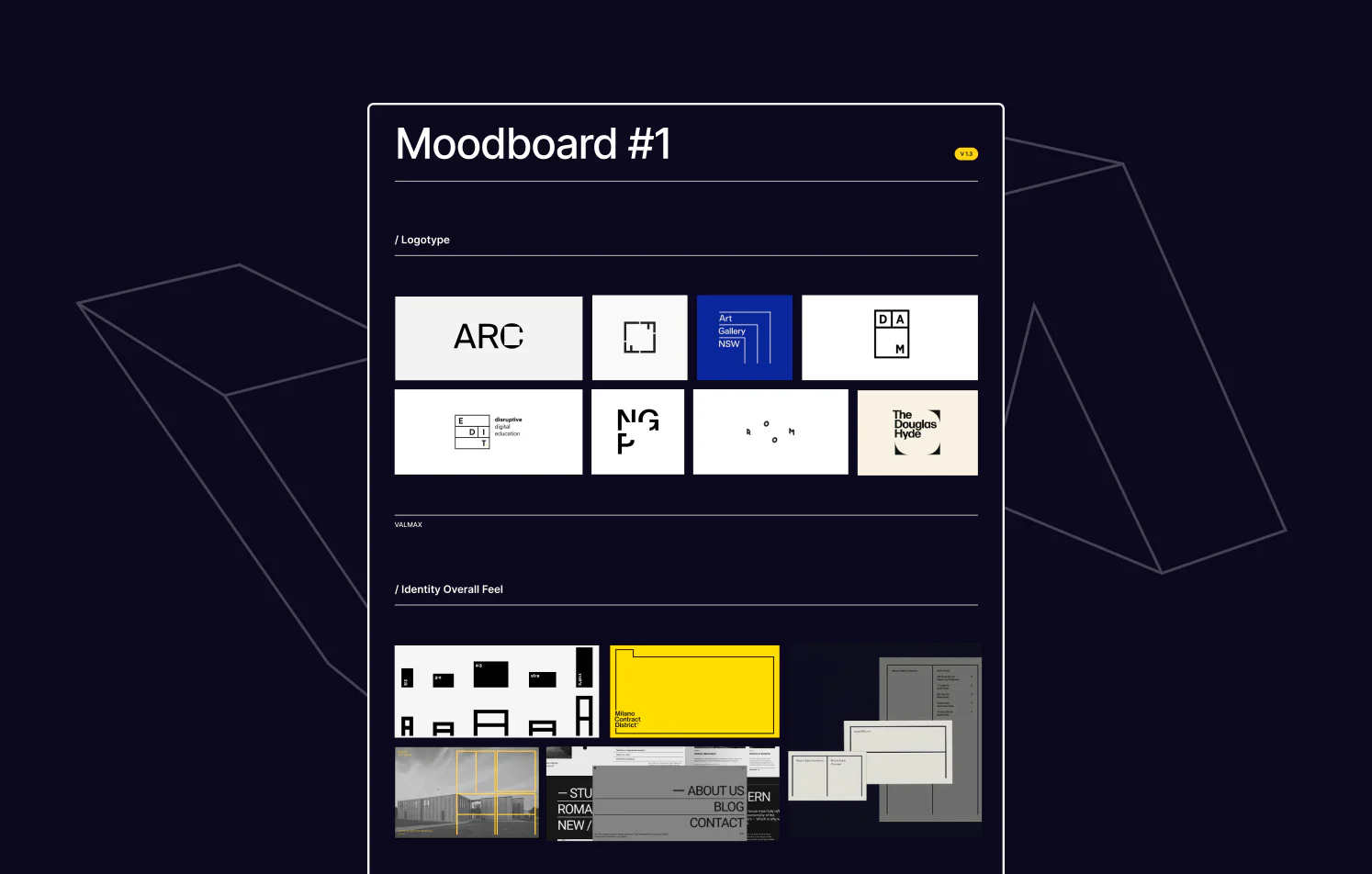 Minimalist Logo and Identity Moodboard Moodboard featuring minimalist logotype designs and examples of modern, grid-based visual identity systems.