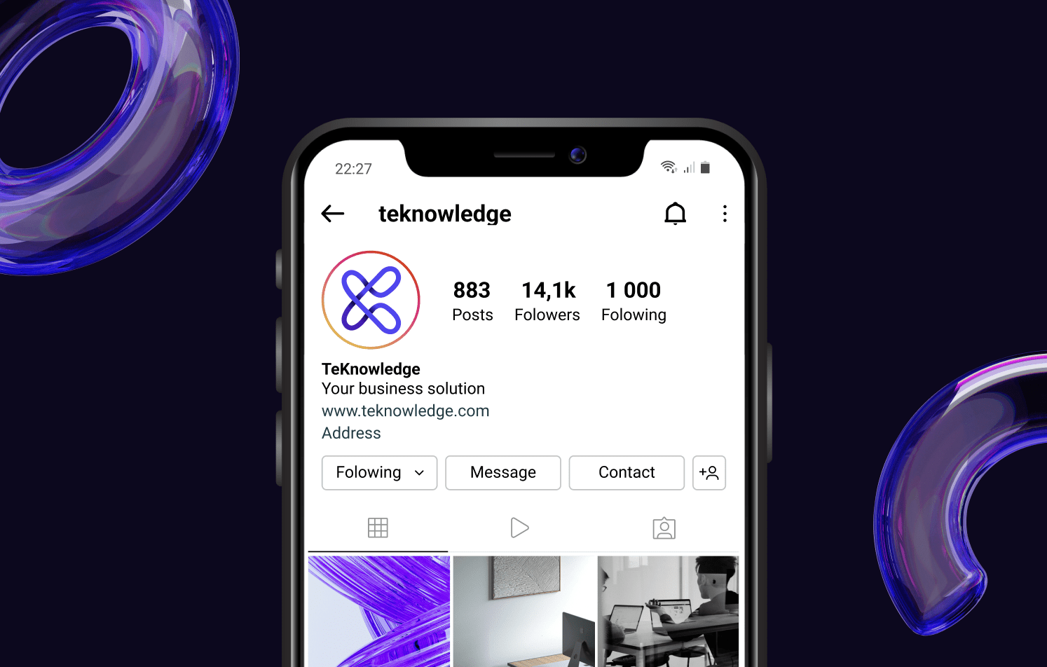 Teknowledge Instagram Profile A smartphone displaying the Instagram profile for "teknowledge," showing 883 posts, 14.1k followers, and 1,000 following, with a purple-toned logo and content.
