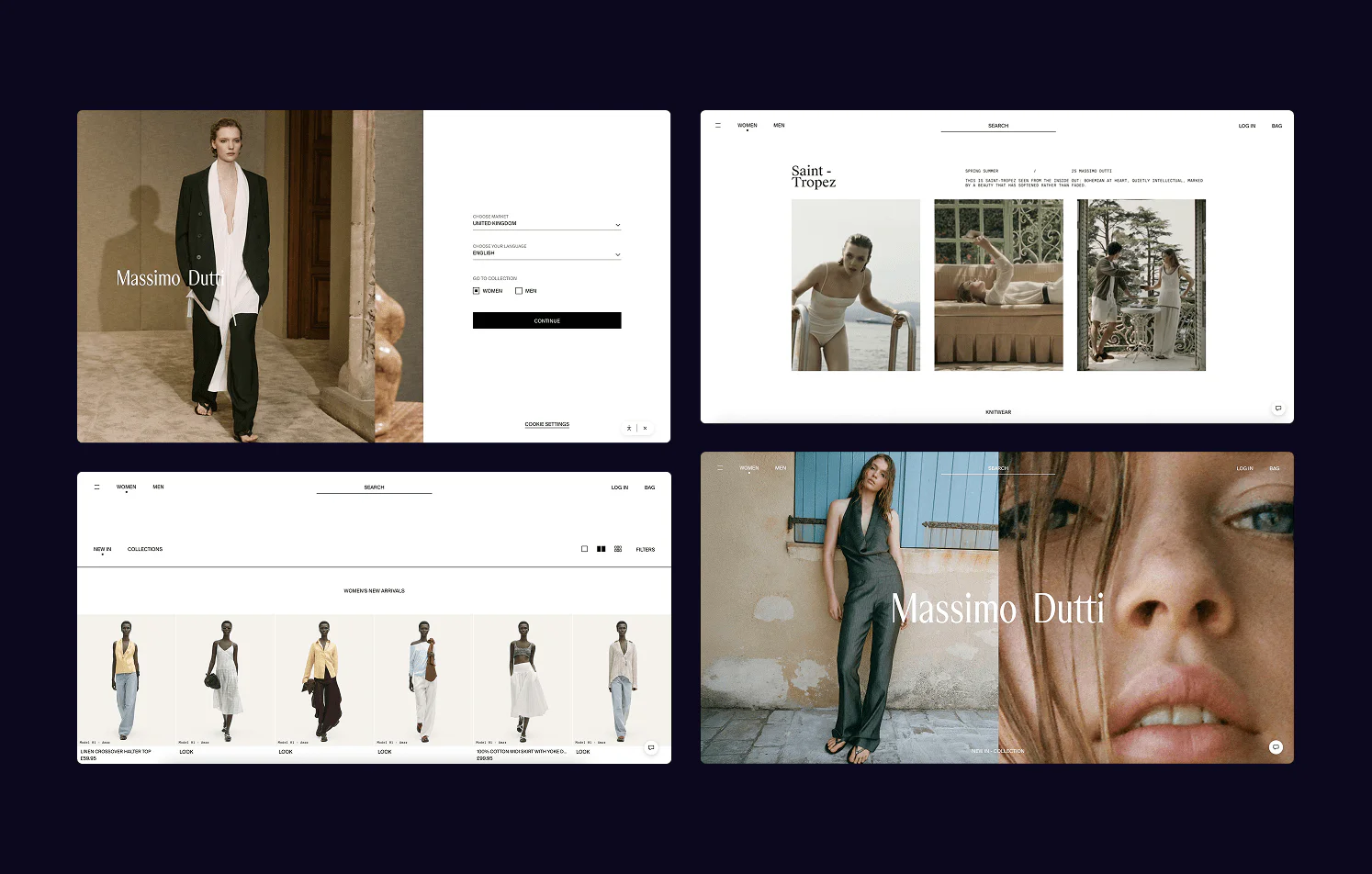 Massimo Dutti website design samples. Website interface examples of the fashion brand Massimo Dutti, including homepage and product catalog views.