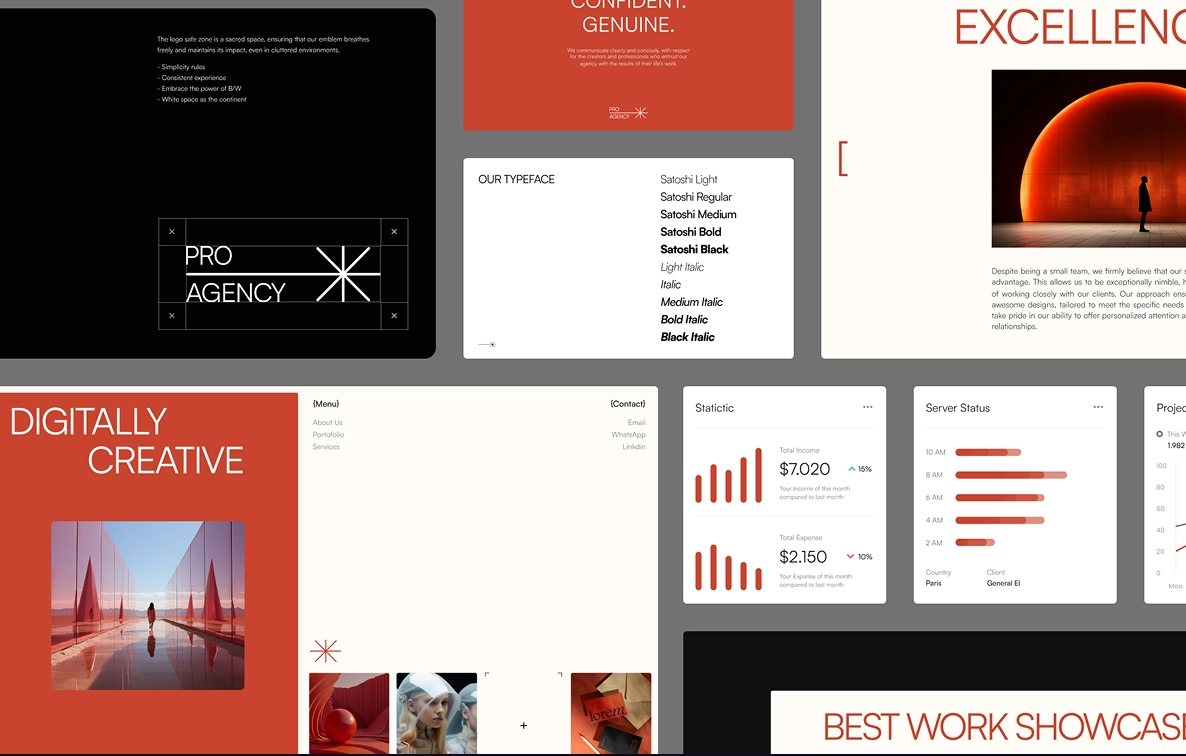 Web design project showcases, including website mockups, digital UI, and visual identity examples