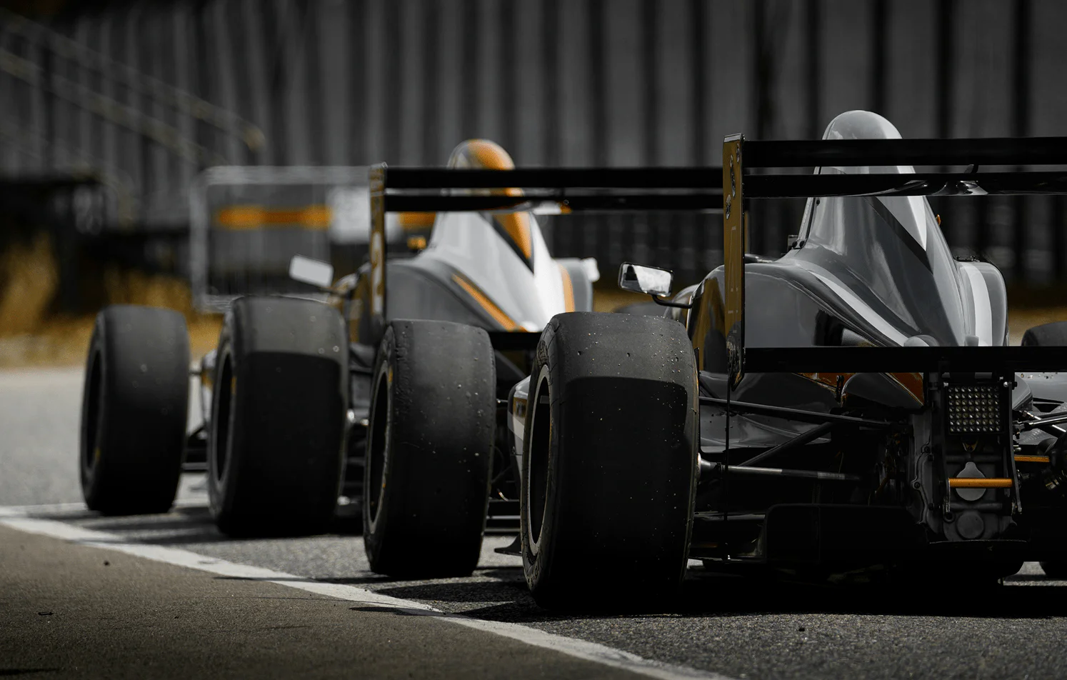 Rear view of two race cars