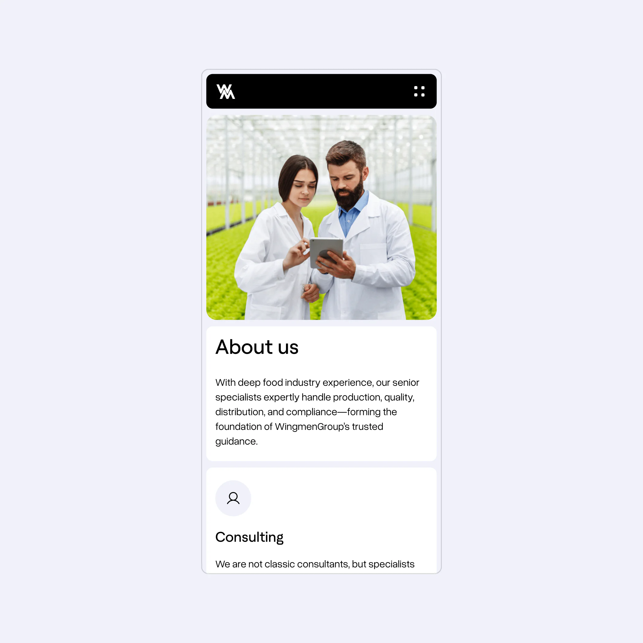 Mobile screen showing "About us" page
