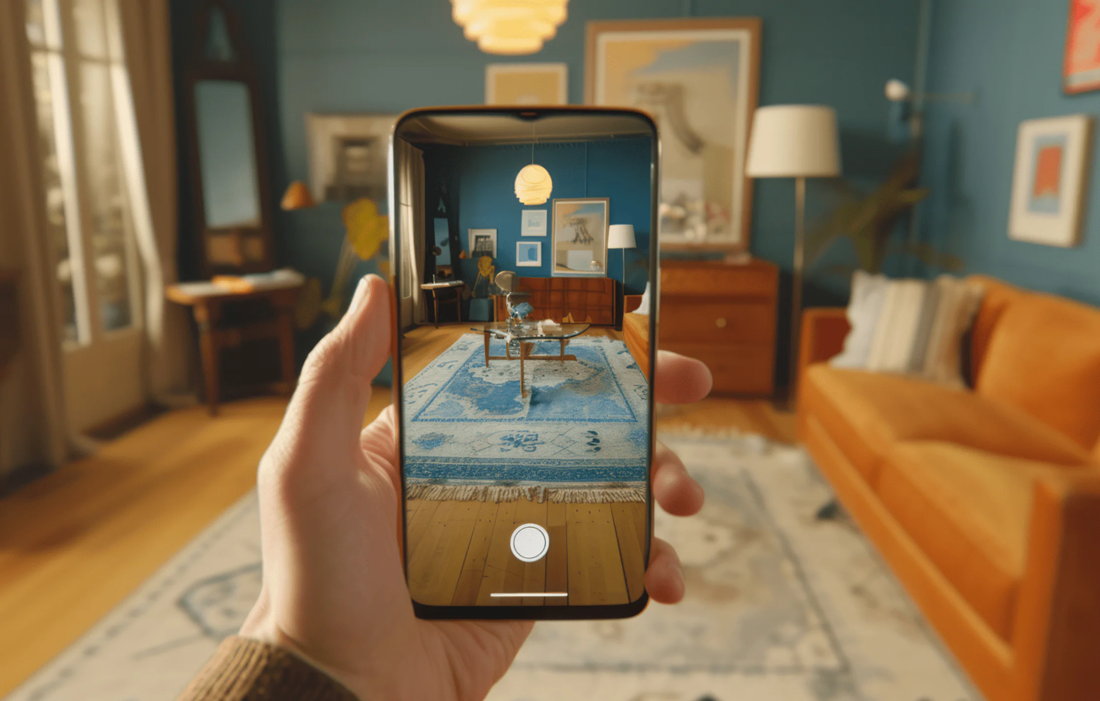 AR home interior visualization Smartphone showing virtual furniture placement