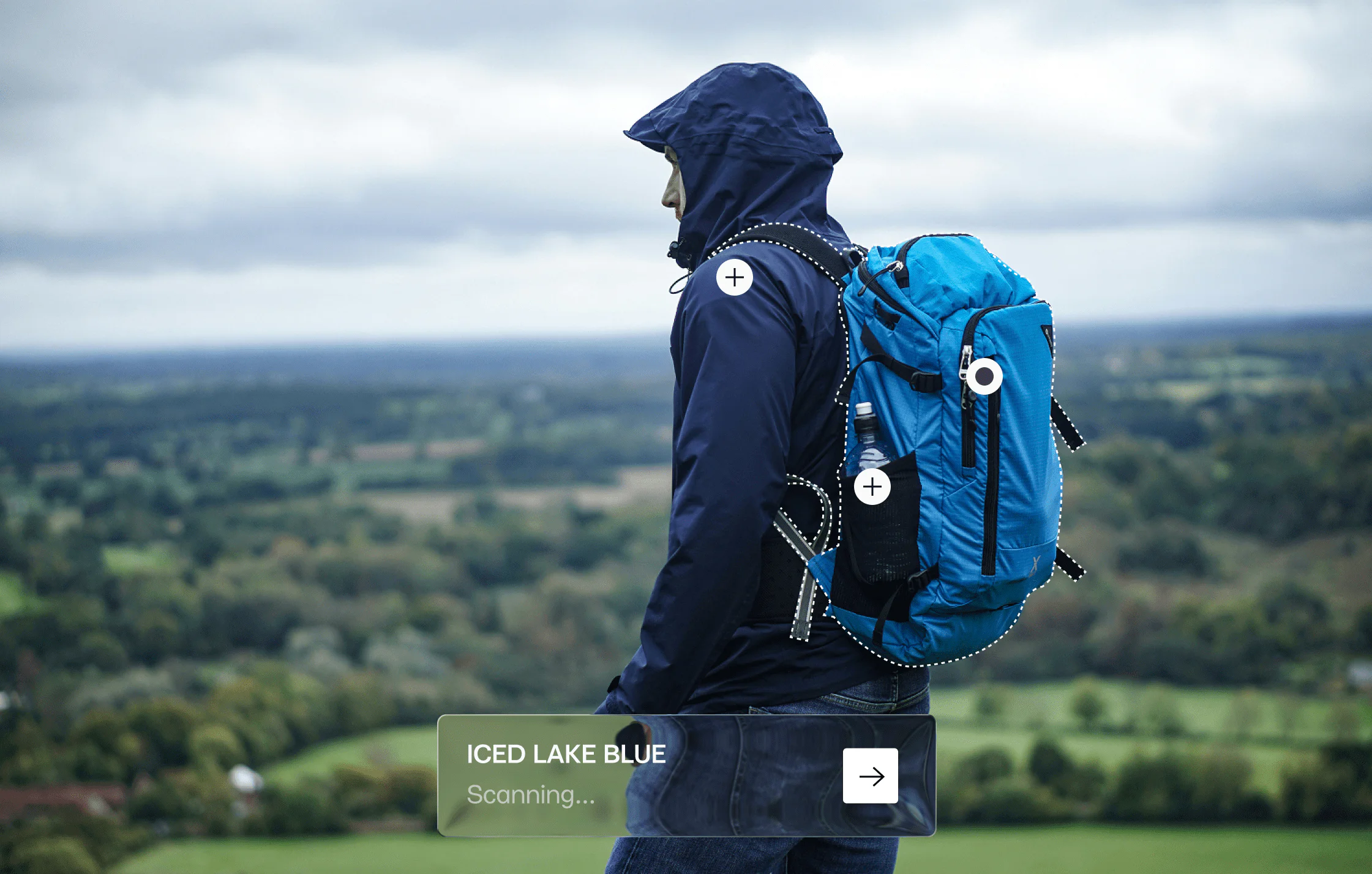 AR product scan on hiker Backpack details identified with AR scanning