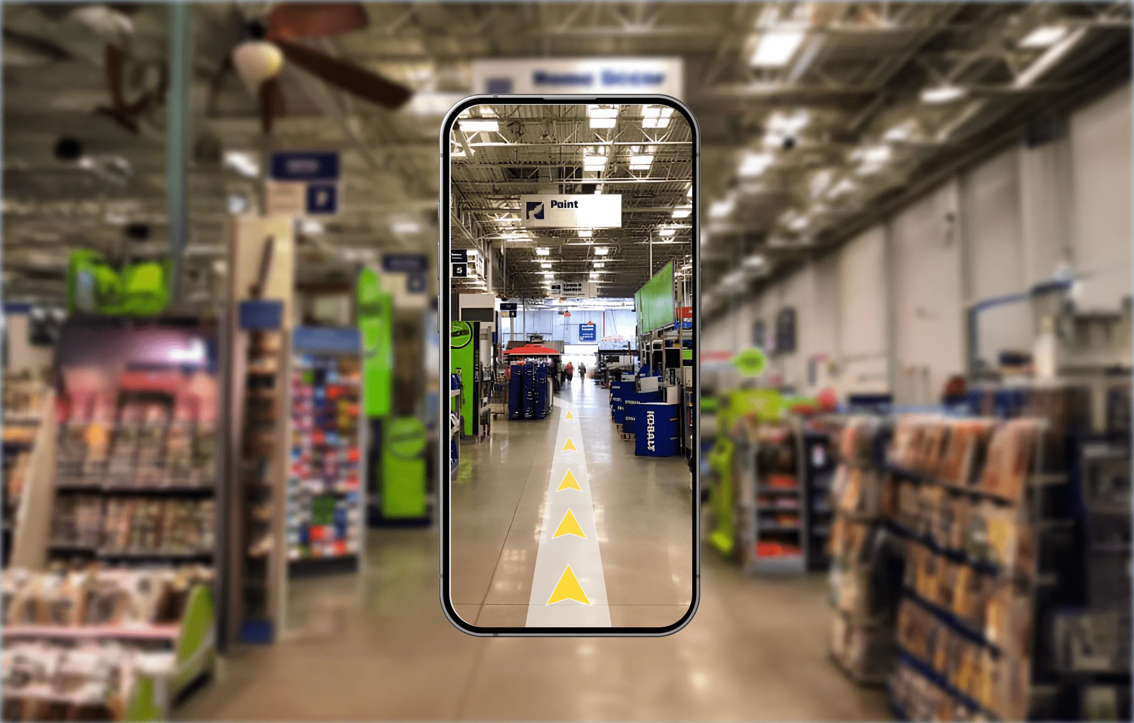 AR indoor navigation in store Smartphone guiding path with arrows