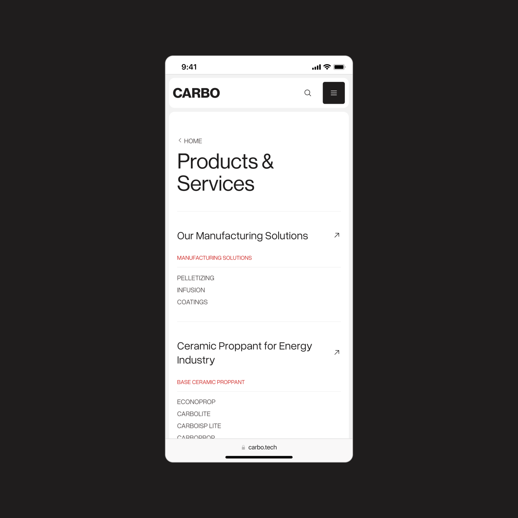 Products and services mobile view