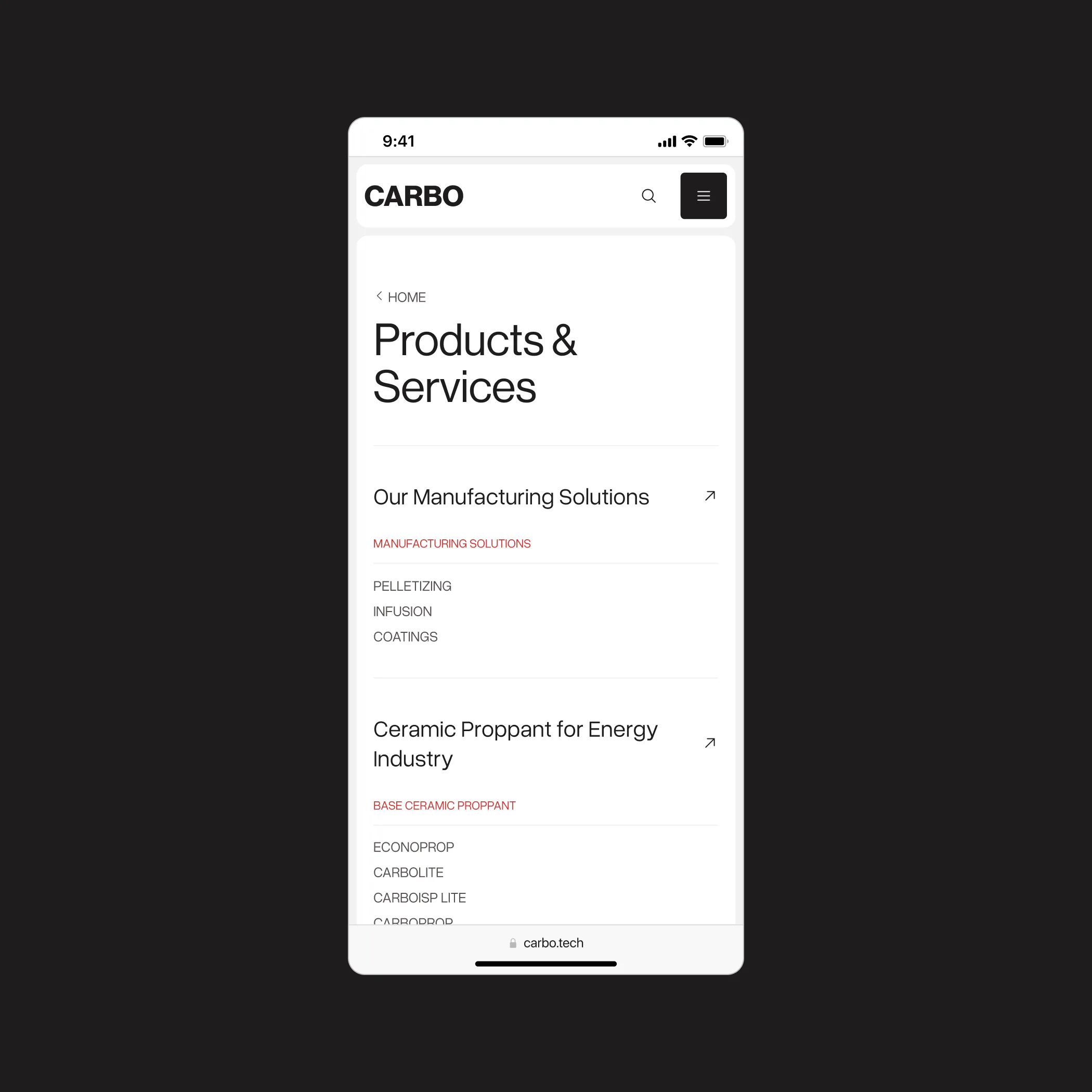 Products and services mobile view