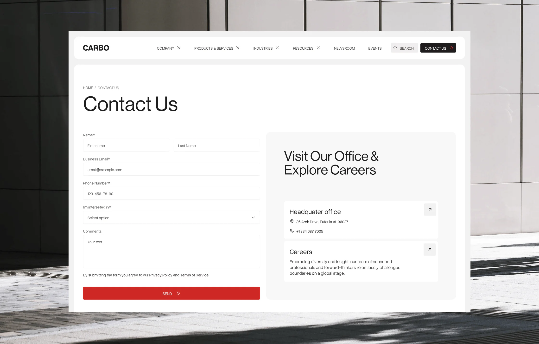 Contact form on Corporate Website Contact us webpage on Corporate Website