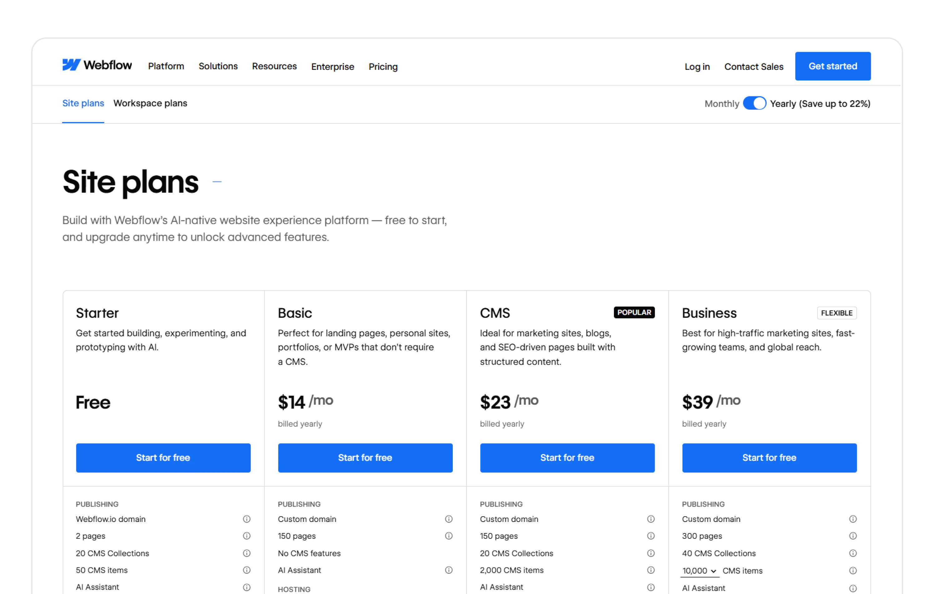 Webflow Site Plans Overview Webflow pricing site plans