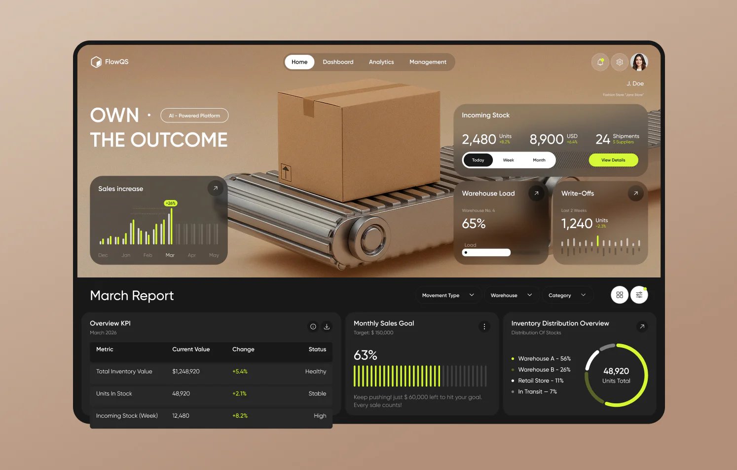 Warehouse KPI Dashboard Inventory and warehouse management dashboard design with analytics charts, stock metrics, KPI tracking, and 3D conveyor visualization in modern UI