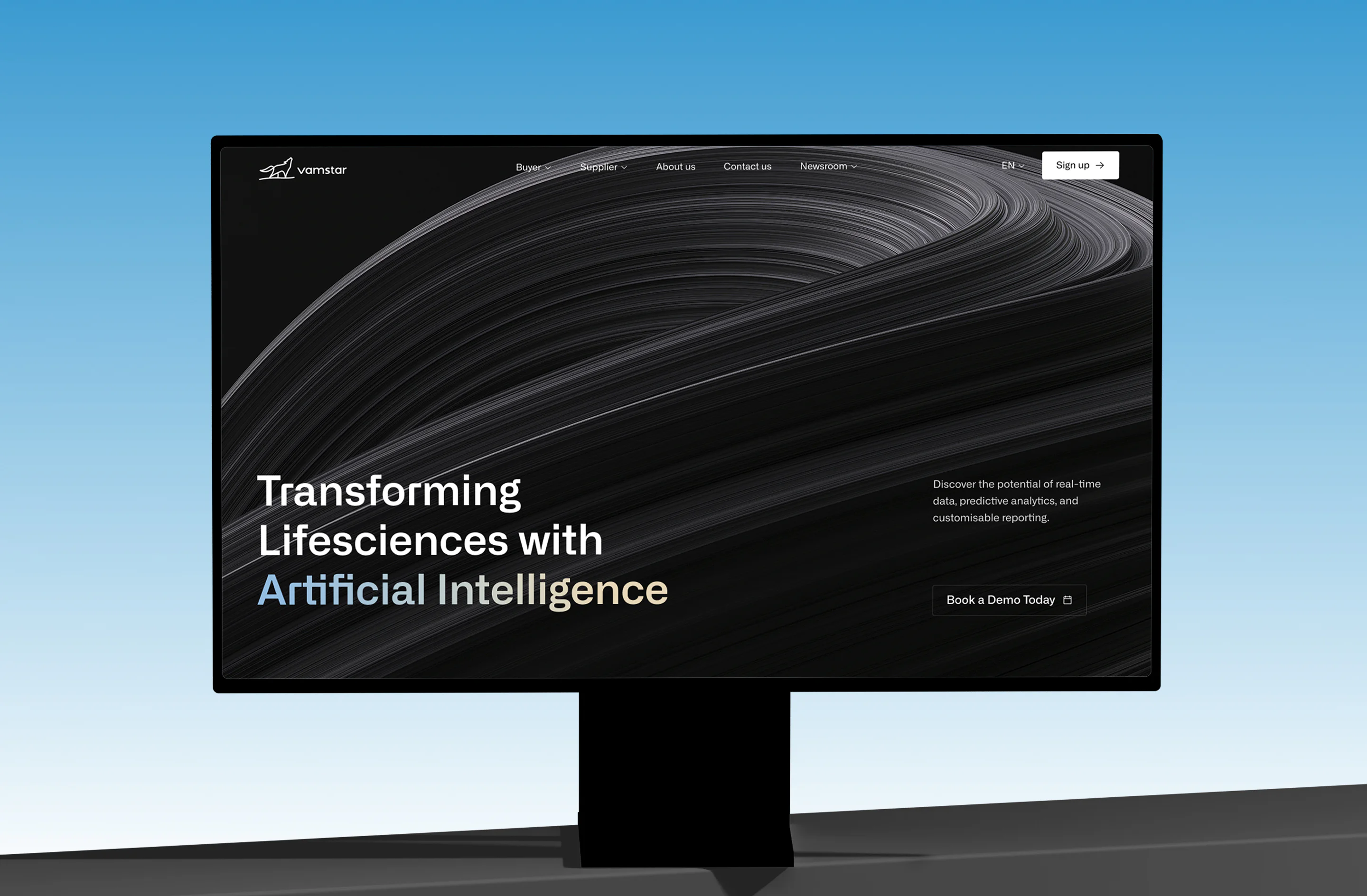 Website hero section with AI-focused messaging, abstract motion graphics, and enterprise SaaS interface design on desktop.