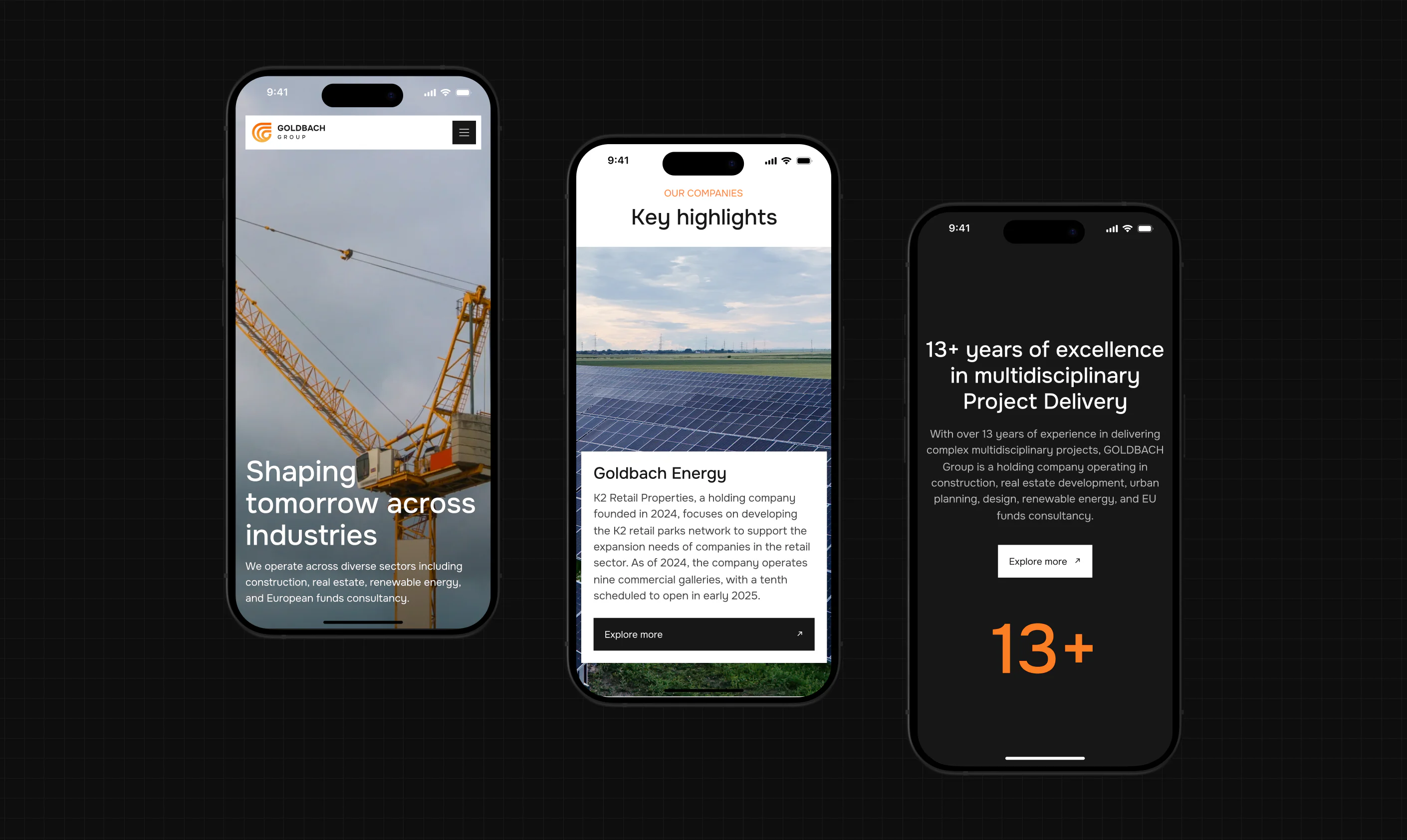 Goldbach Group mobile website design displayed across multiple smartphone screens with construction and energy industry content.