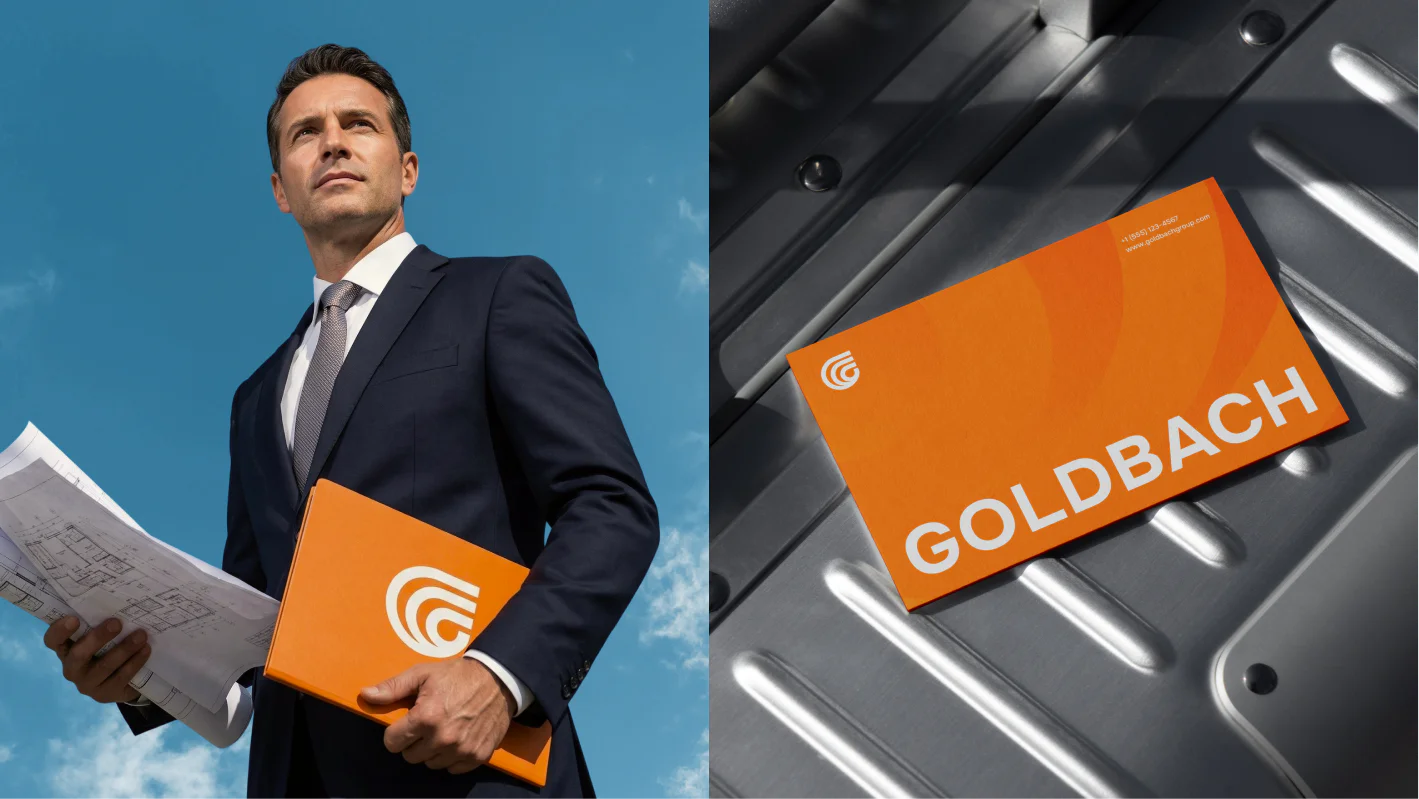 Goldbach Group corporate branding mockups featuring a business professional with architectural plans and branded stationery design.