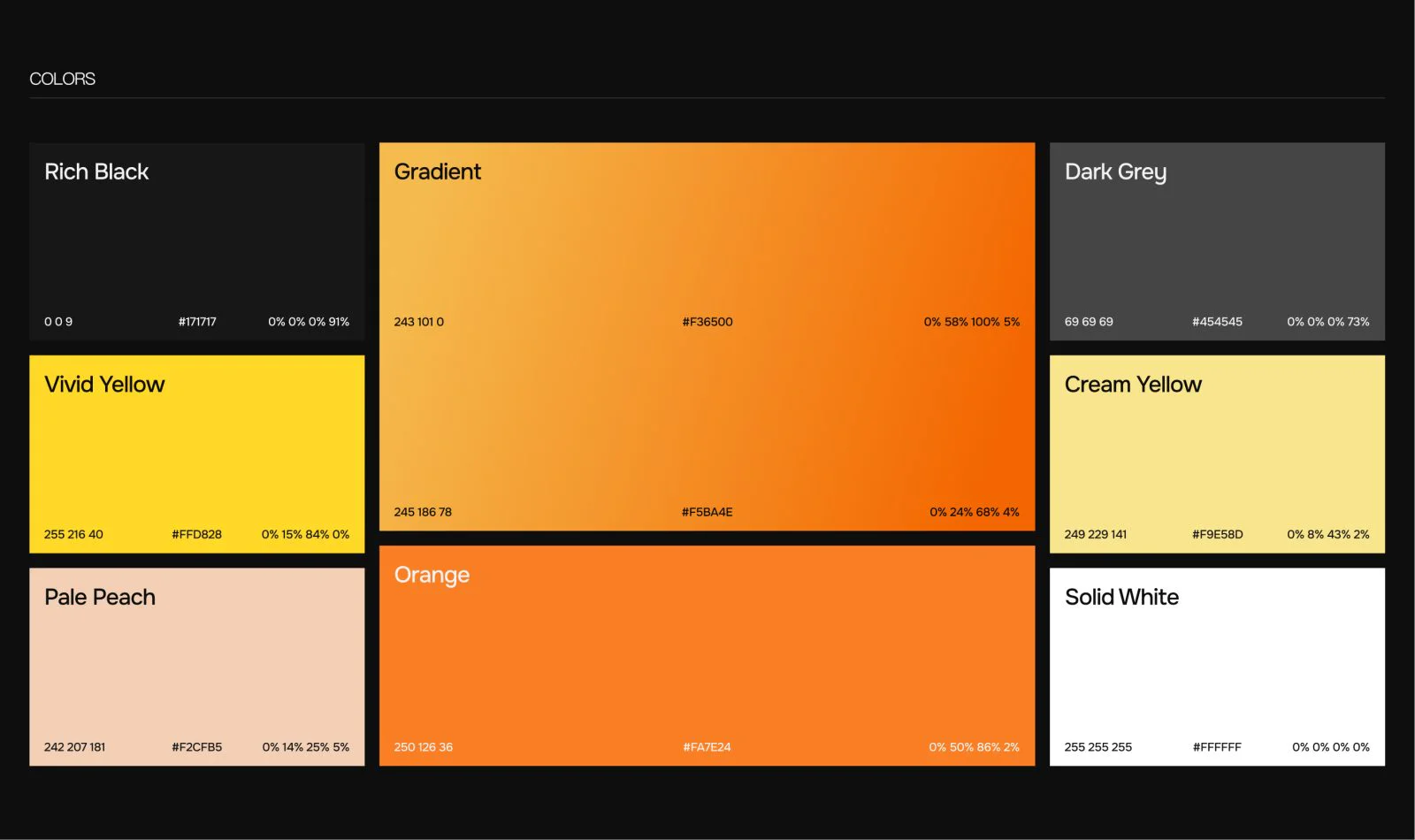 Goldbach Group brand color palette featuring black, orange, yellow, grey, and neutral tones with gradient variations.