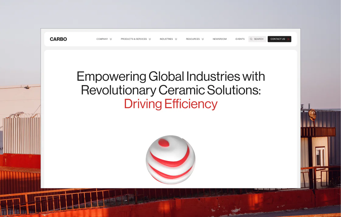 Homepage hero section for CARBO featuring industrial website design, ceramic solutions messaging, and a 3D branded sphere element.