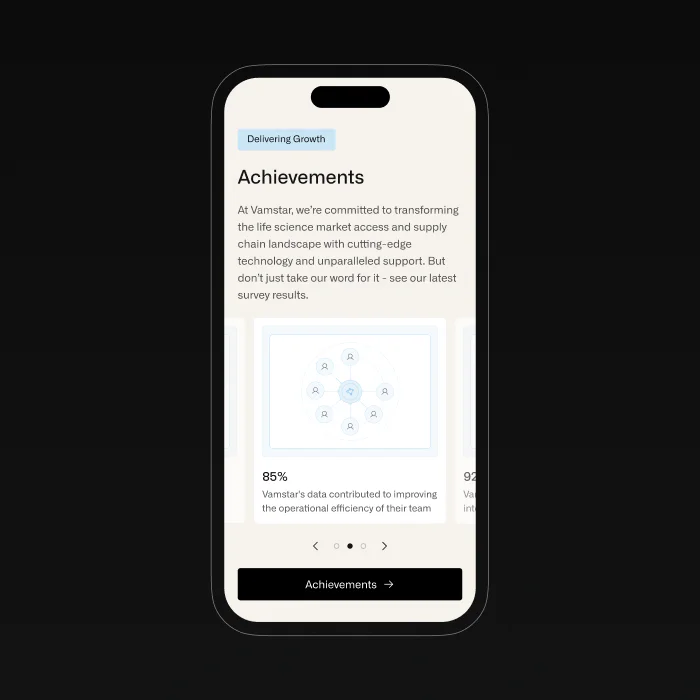 Mobile achievements interface with survey results, analytics cards, and structured content blocks.