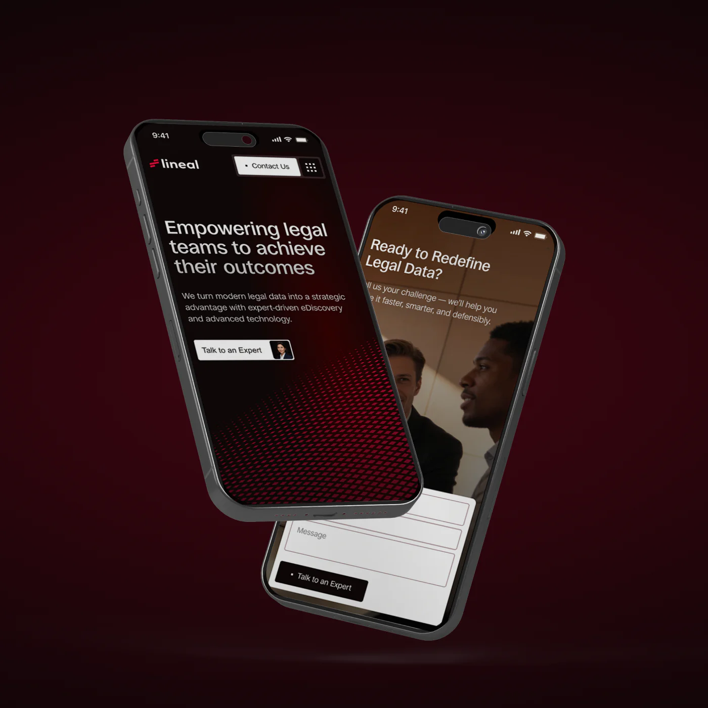 Mobile website screens for a LegalTech company, featuring homepage design, contact form, and consultation-focused interface for legal data and eDiscovery services.