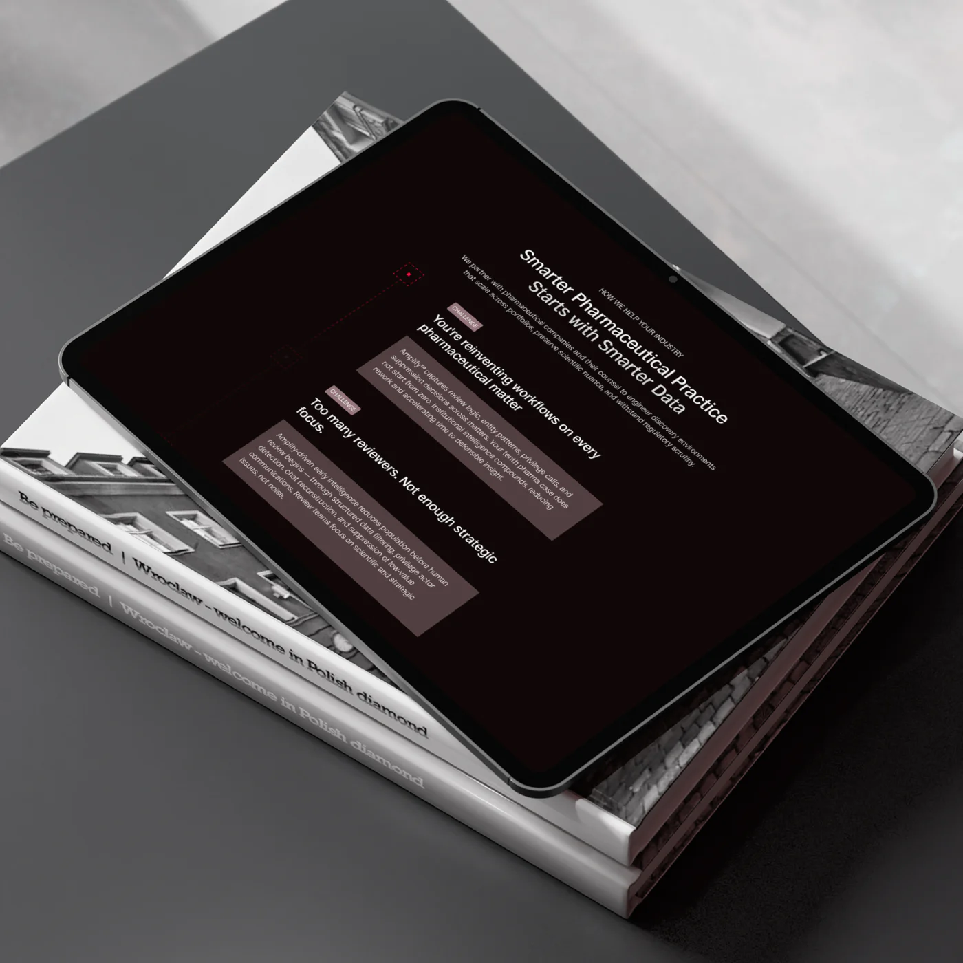 Tablet website interface for a pharmaceutical solution, presenting data-driven legal workflows, review process challenges, and enterprise-focused industry services.