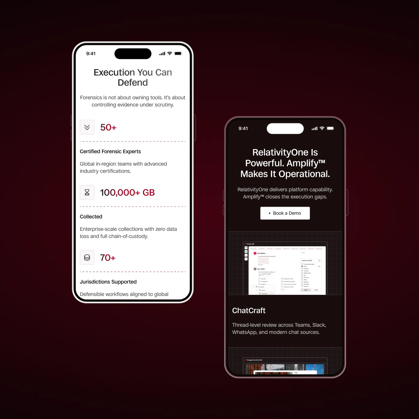 Mobile UI screens, highlighting forensic expertise, enterprise data processing capabilities, and operational tools for legal workflows.