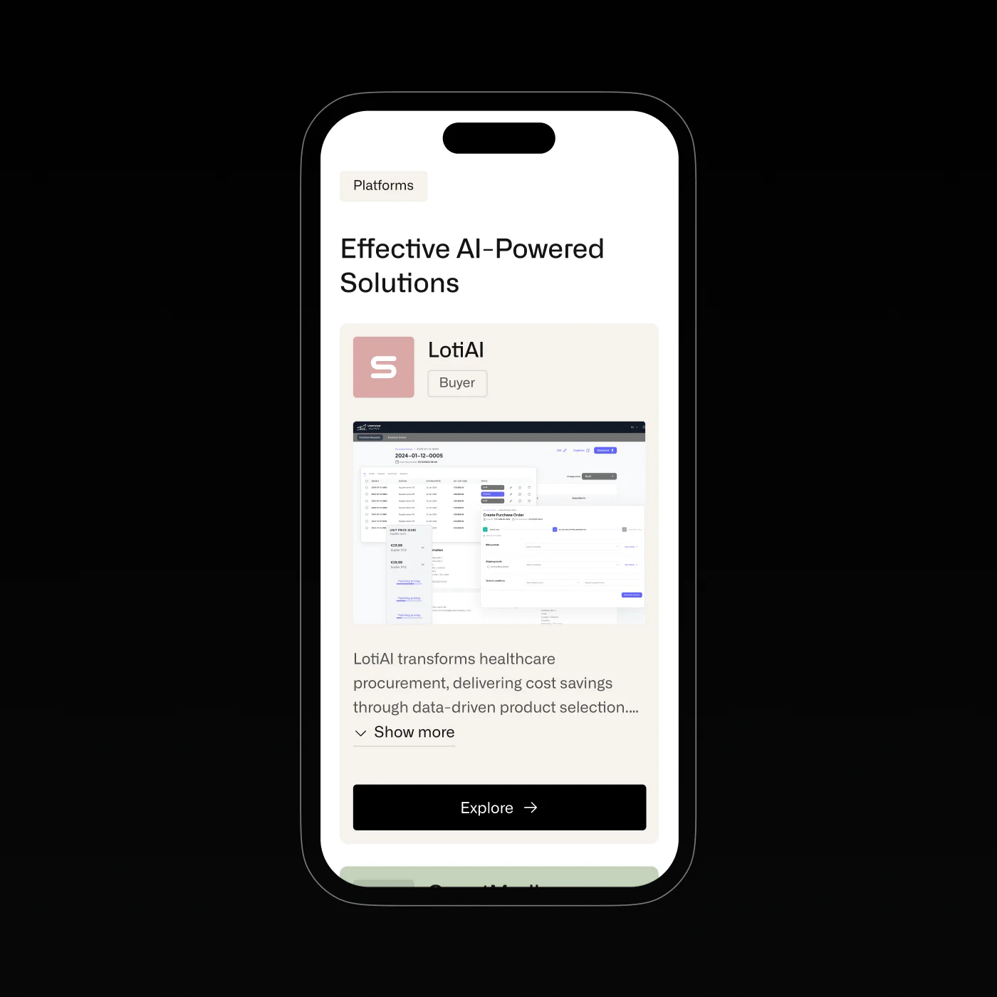 Mobile interface with AI-powered platform overview, product preview, and structured content layout.