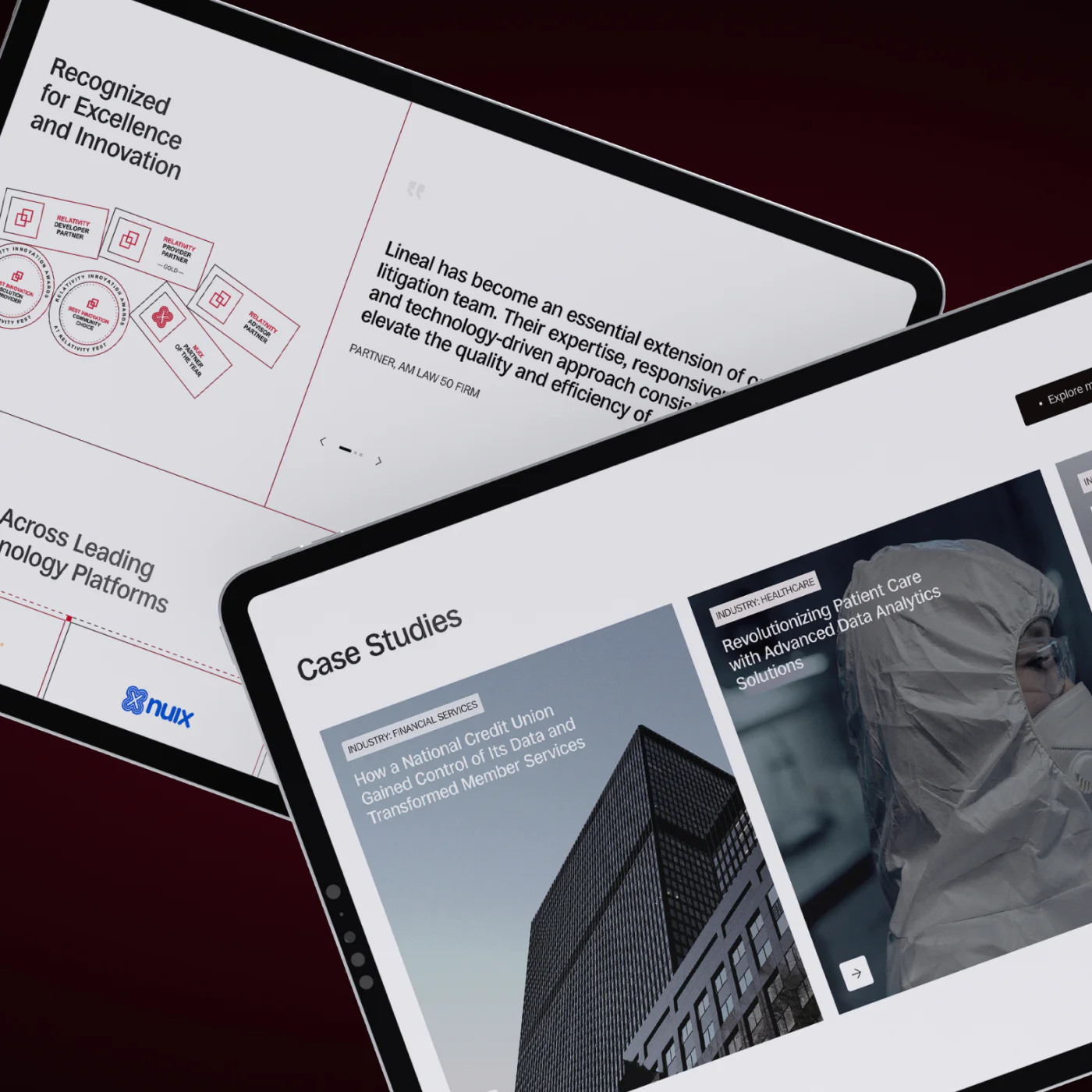 Tablet interface layouts for a platform, showcasing case studies, industry expertise, technology partnerships, and client recognition sections.