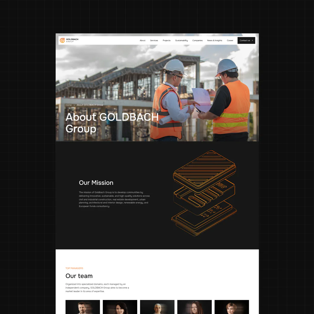Goldbach Group About page design featuring a construction team, company mission section, and corporate website layout.