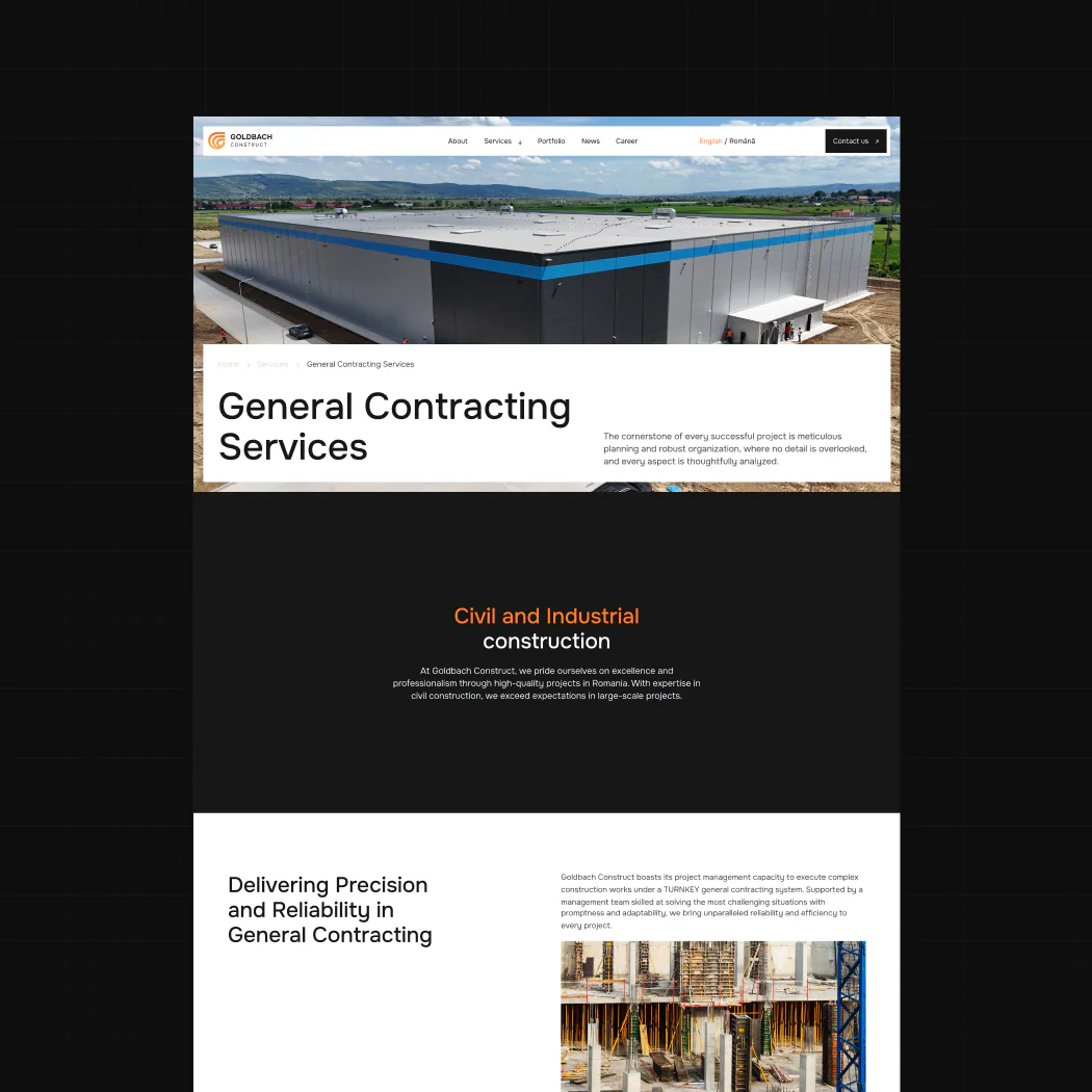 Goldbach Construct general contracting services page featuring industrial construction projects and corporate website sections.