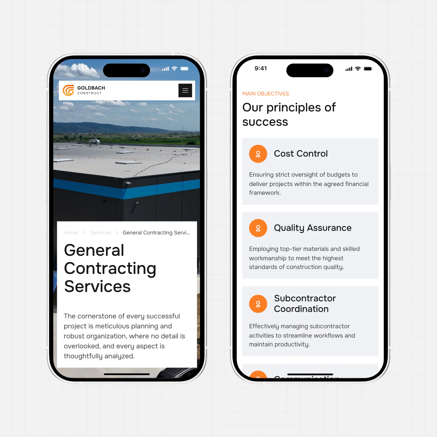 Goldbach Construct mobile website screens showcasing general contracting services and project management principles.