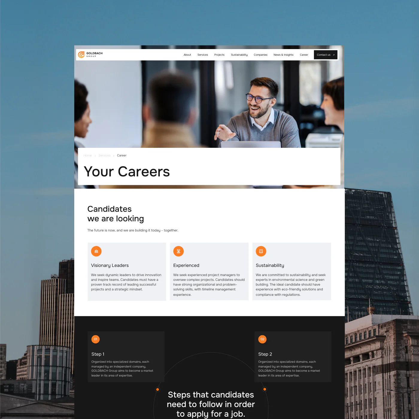 Goldbach Group careers page design with recruitment sections, hiring process steps, and corporate website interface.