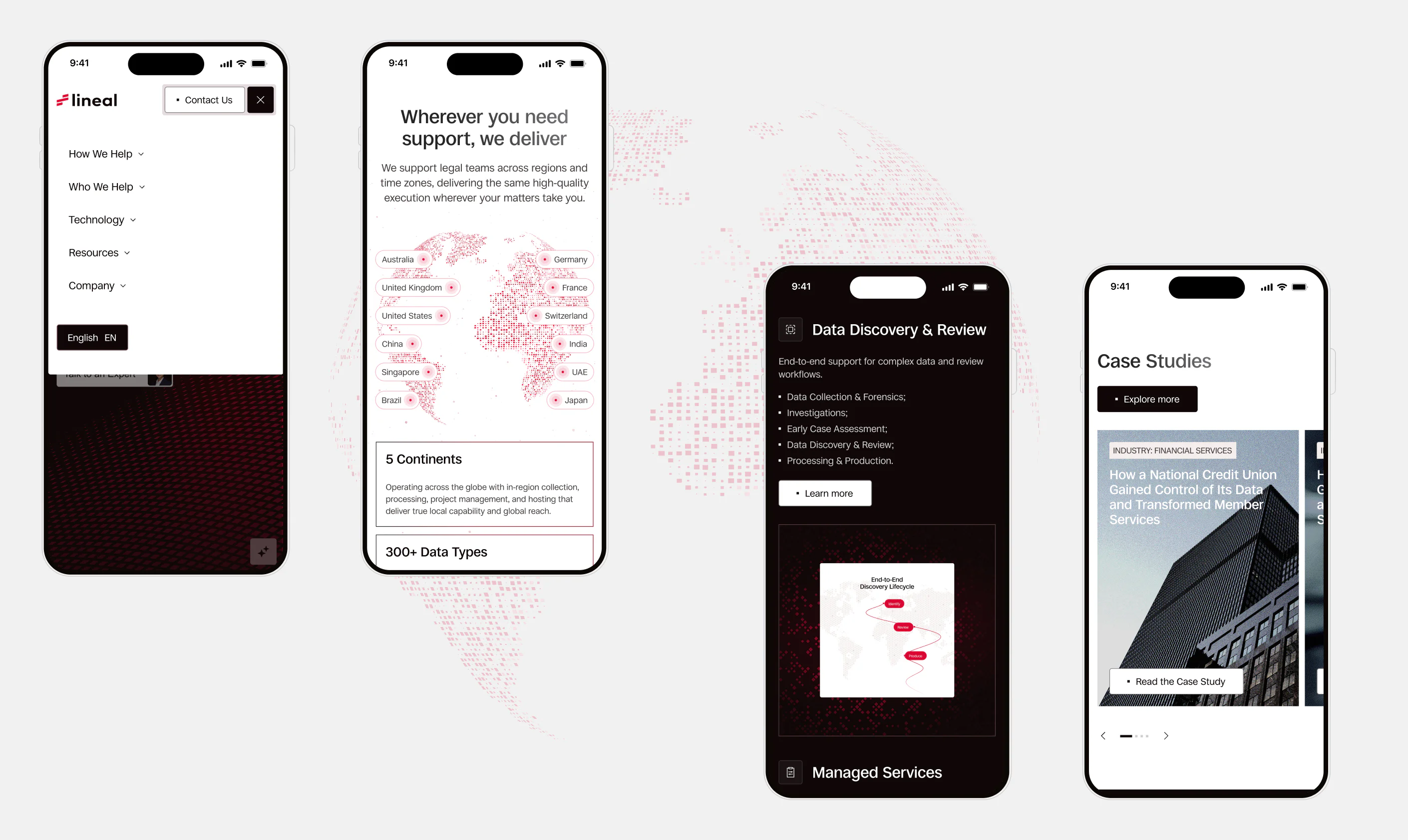 Mobile interface design for Lineal LegalTech website featuring global support map, data review services, multilingual navigation, and case studies section.