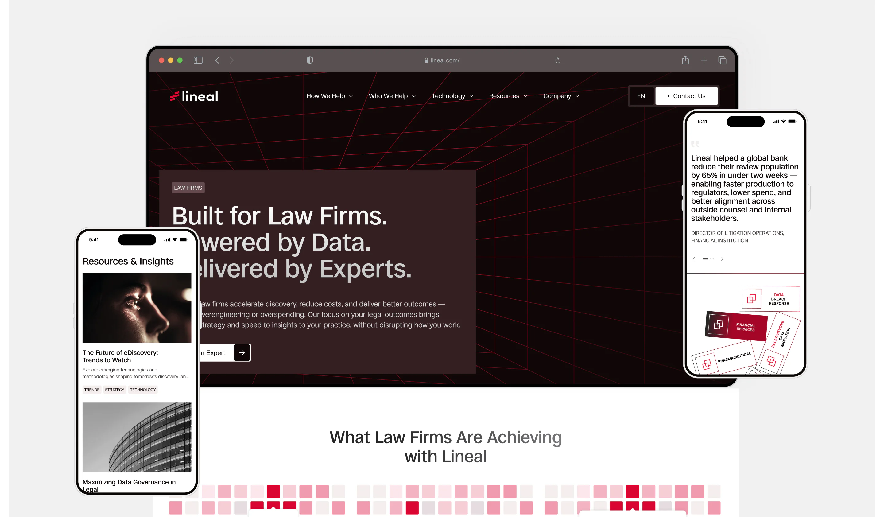Responsive website design displayed across desktop and mobile devices, featuring law firm solutions, industry insights, testimonials, and data-driven service positioning.