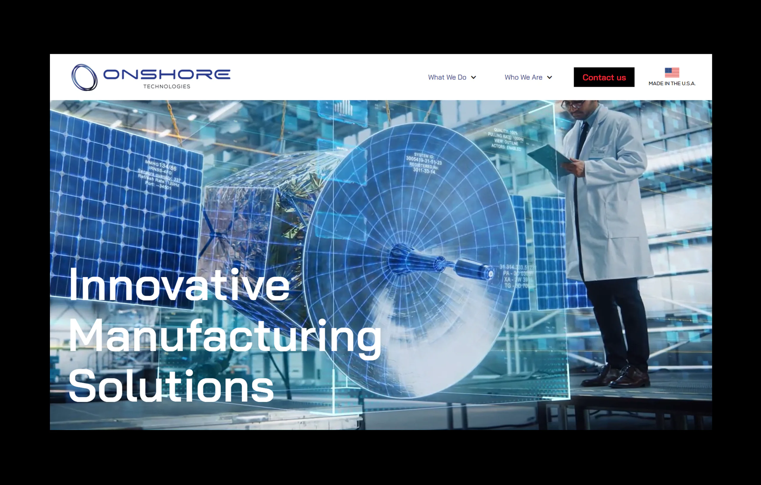 Industrial manufacturing website homepage for Onshore Technologies featuring aerospace visuals, advanced engineering imagery, and bold corporate typography.