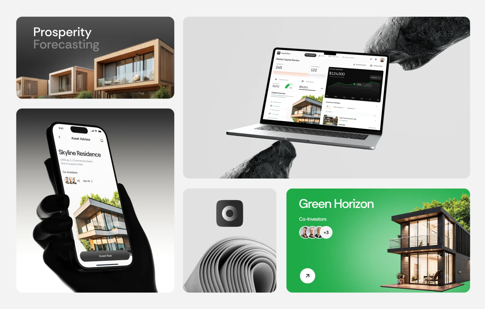 Real Estate Investment Branding Design Interface design for a real estate investment platform with mobile app and dashboard showing property analytics and portfolio overview