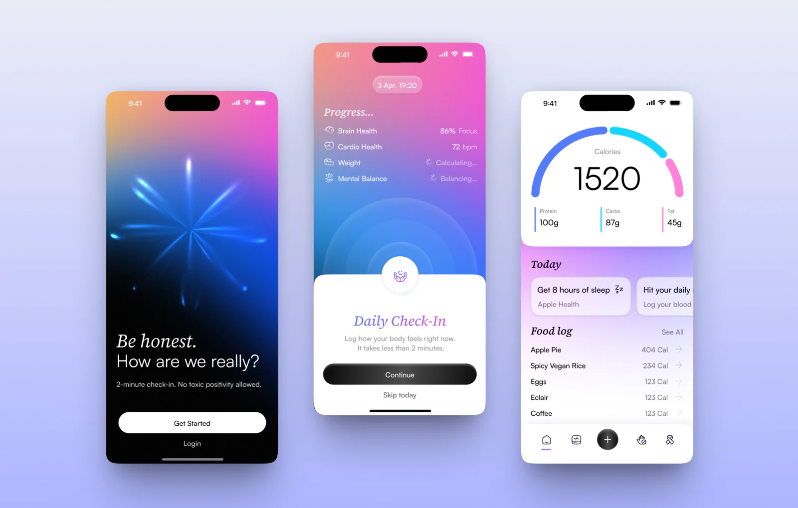 Mobile App Design for Fitness and Health Mobile app interface design for health tracking with daily check-in, progress metrics, and nutrition dashboard screens