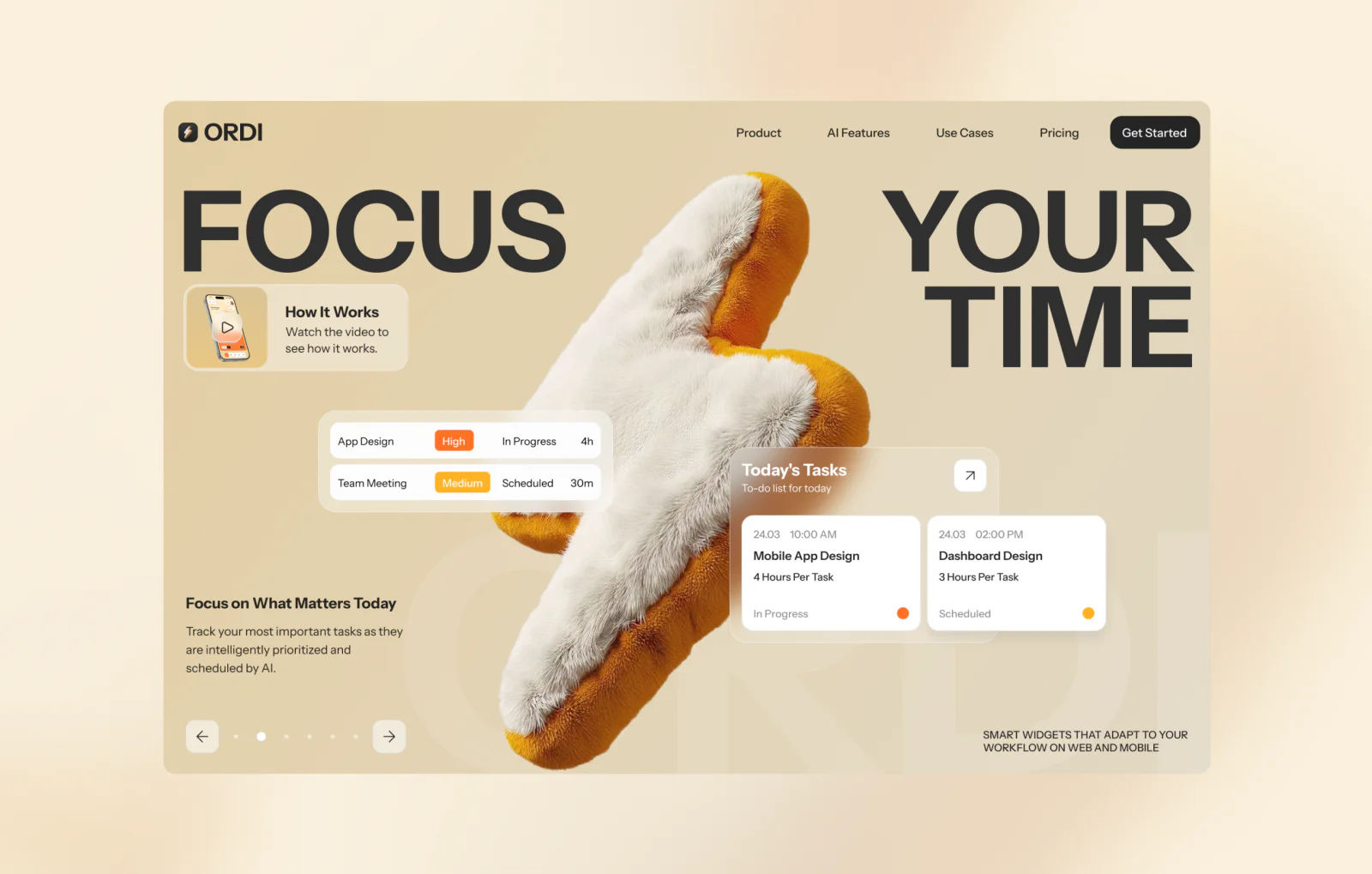 Productivity App Landing Page Landing page design for a productivity app with task management interface, scheduling widgets, and focus tracking features