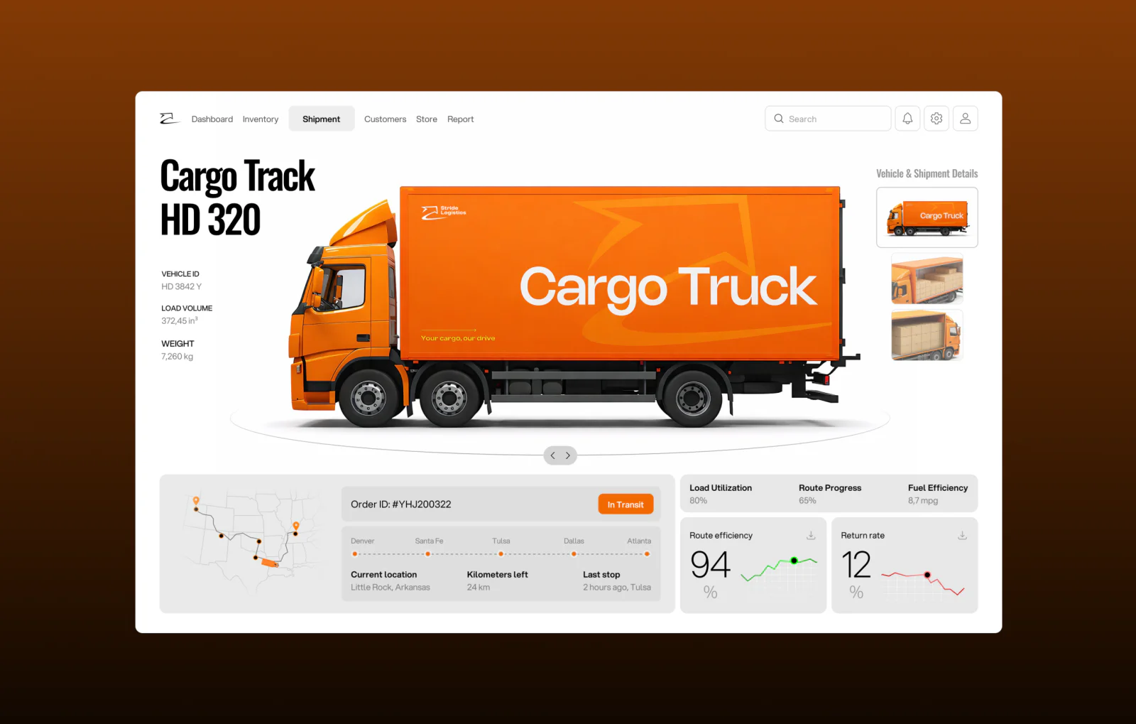 Dashboard UI for a Logistics Platform Dashboard interface for cargo tracking system with shipment details, route map, truck overview, and logistics performance metrics