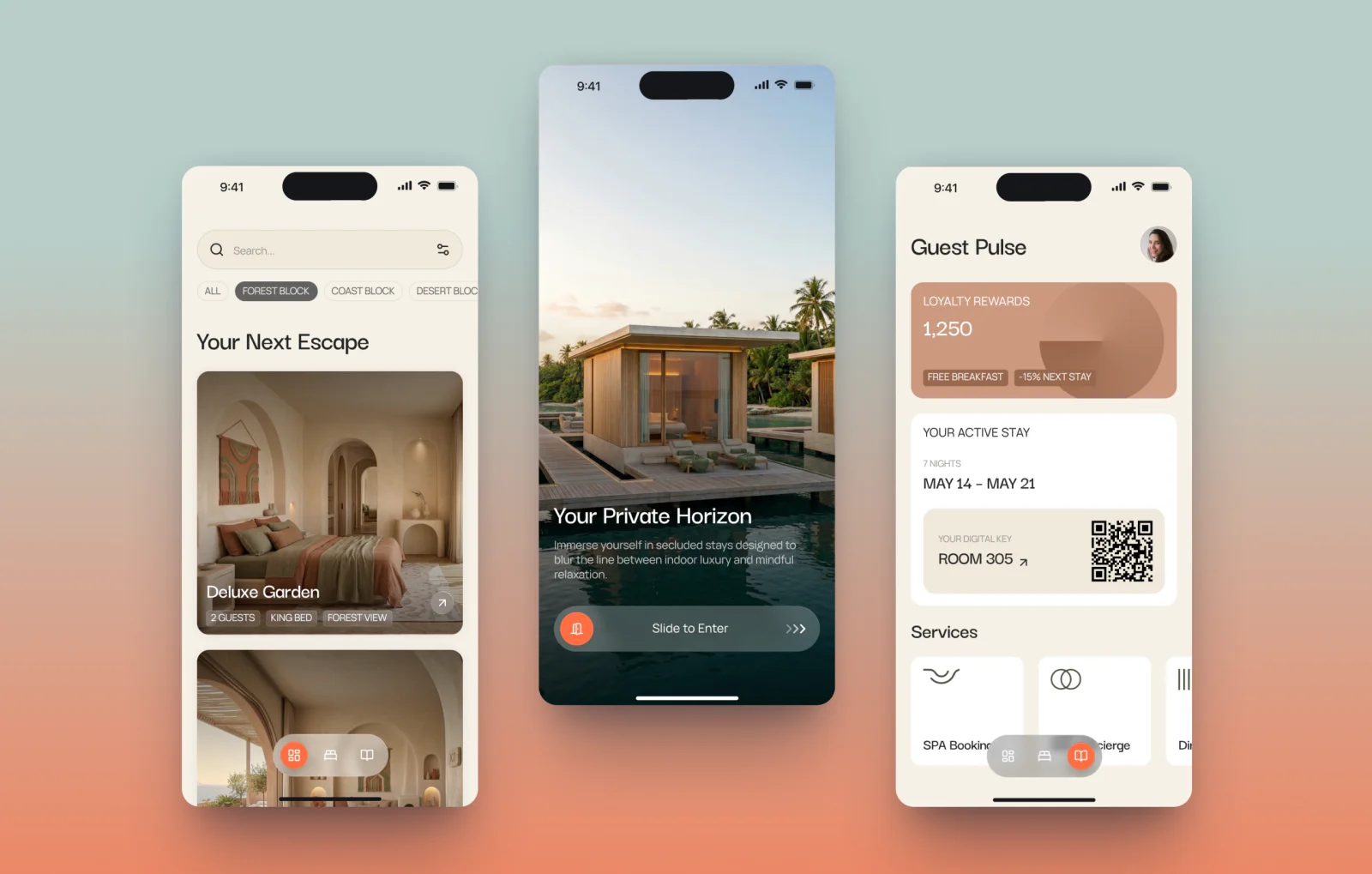 Mobile App Design for Travel Platform Mobile app interface for a travel platform with booking overview, room details, and guest services screens