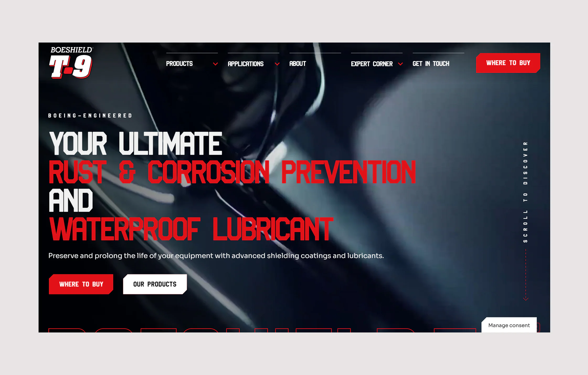 Industrial product website homepage for Boeshield T-9 featuring corrosion protection branding, bold typography, and aerospace-inspired visuals.