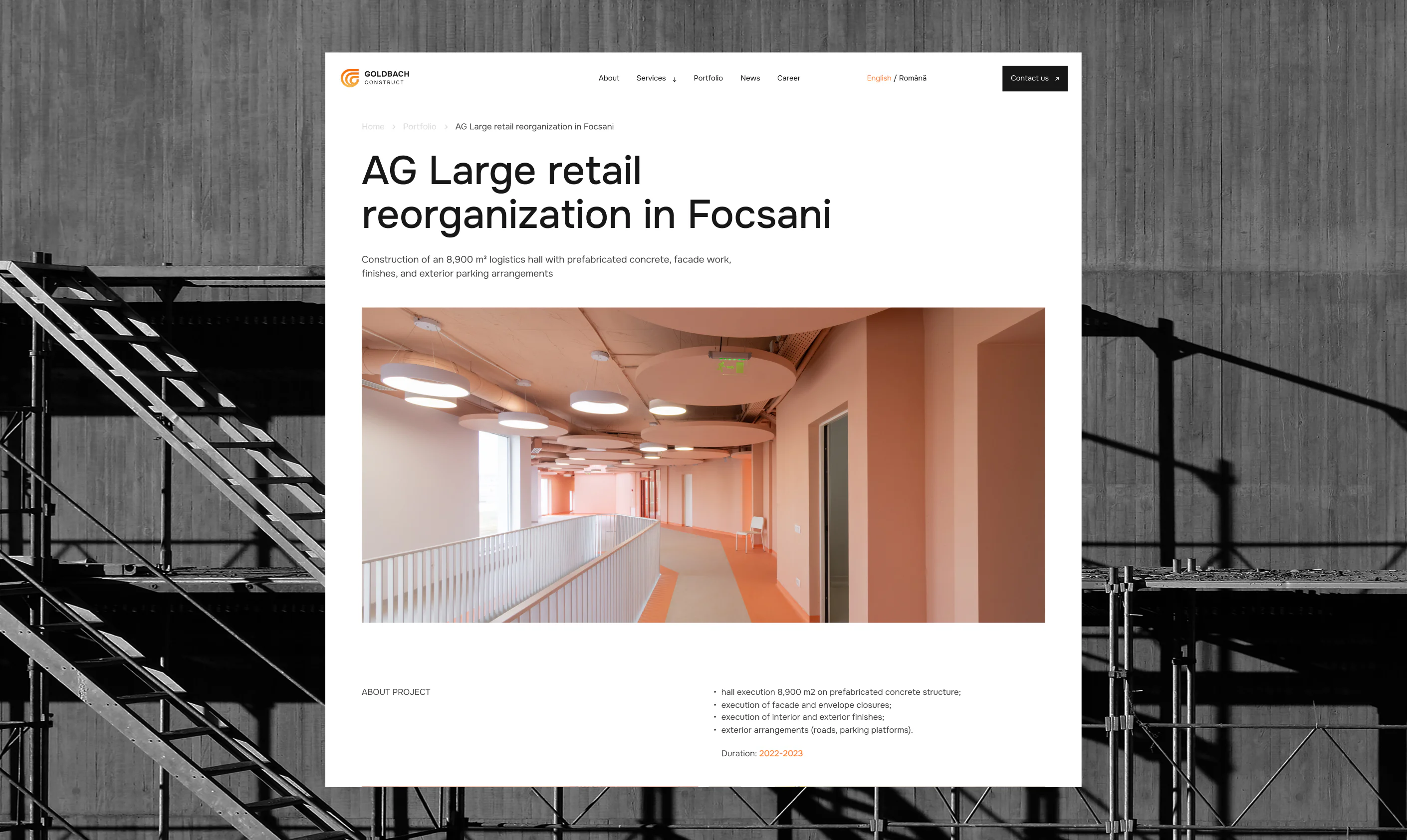 Goldbach Construct portfolio project page featuring retail reorganization and commercial interior development details.