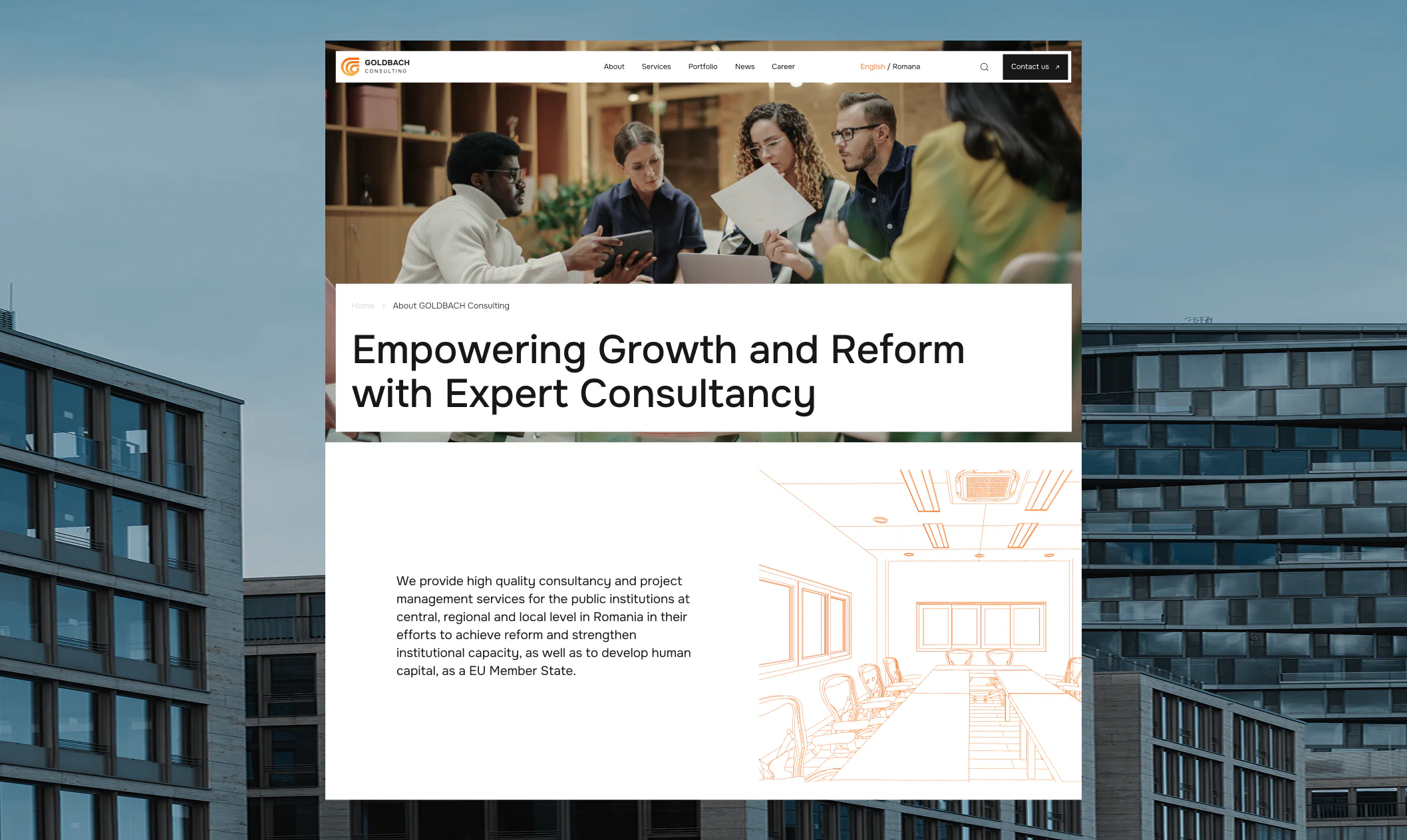 Goldbach Consulting About page design with team imagery, consultancy messaging, and corporate website layout.