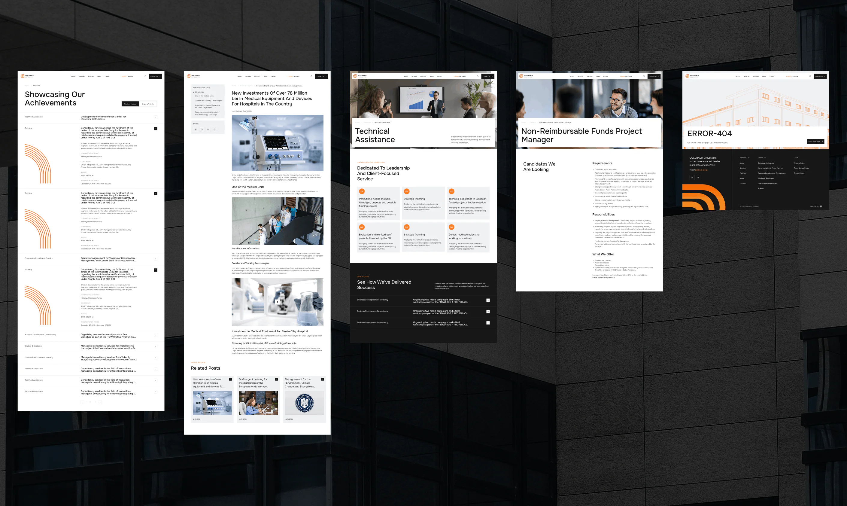 Goldbach Consulting website page collection with achievements, news, services, vacancy, and 404 layouts.