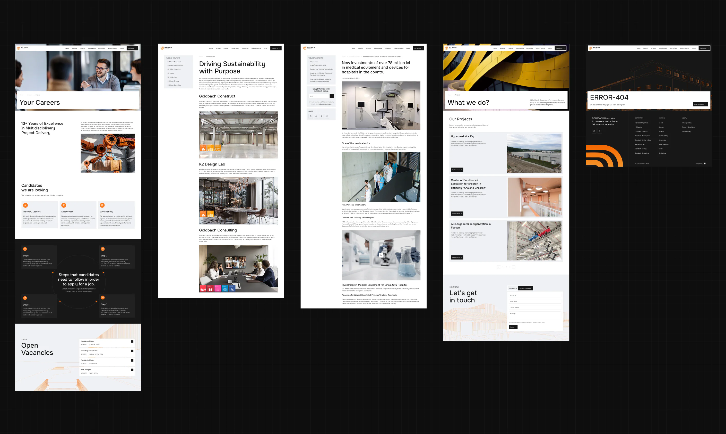Multiple Goldbach Group website pages displayed together, including careers, sustainability, projects, news, and error page designs.