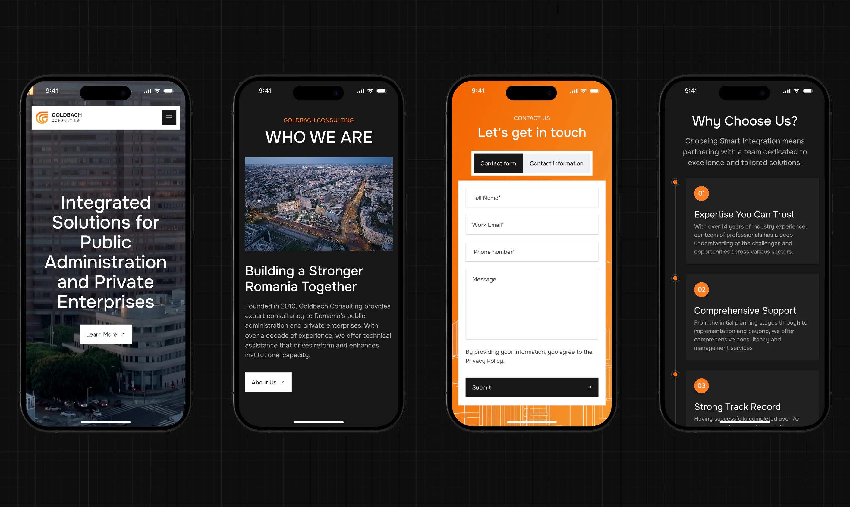 Goldbach Consulting mobile website screens showing homepage, company profile, contact form, and service benefits.