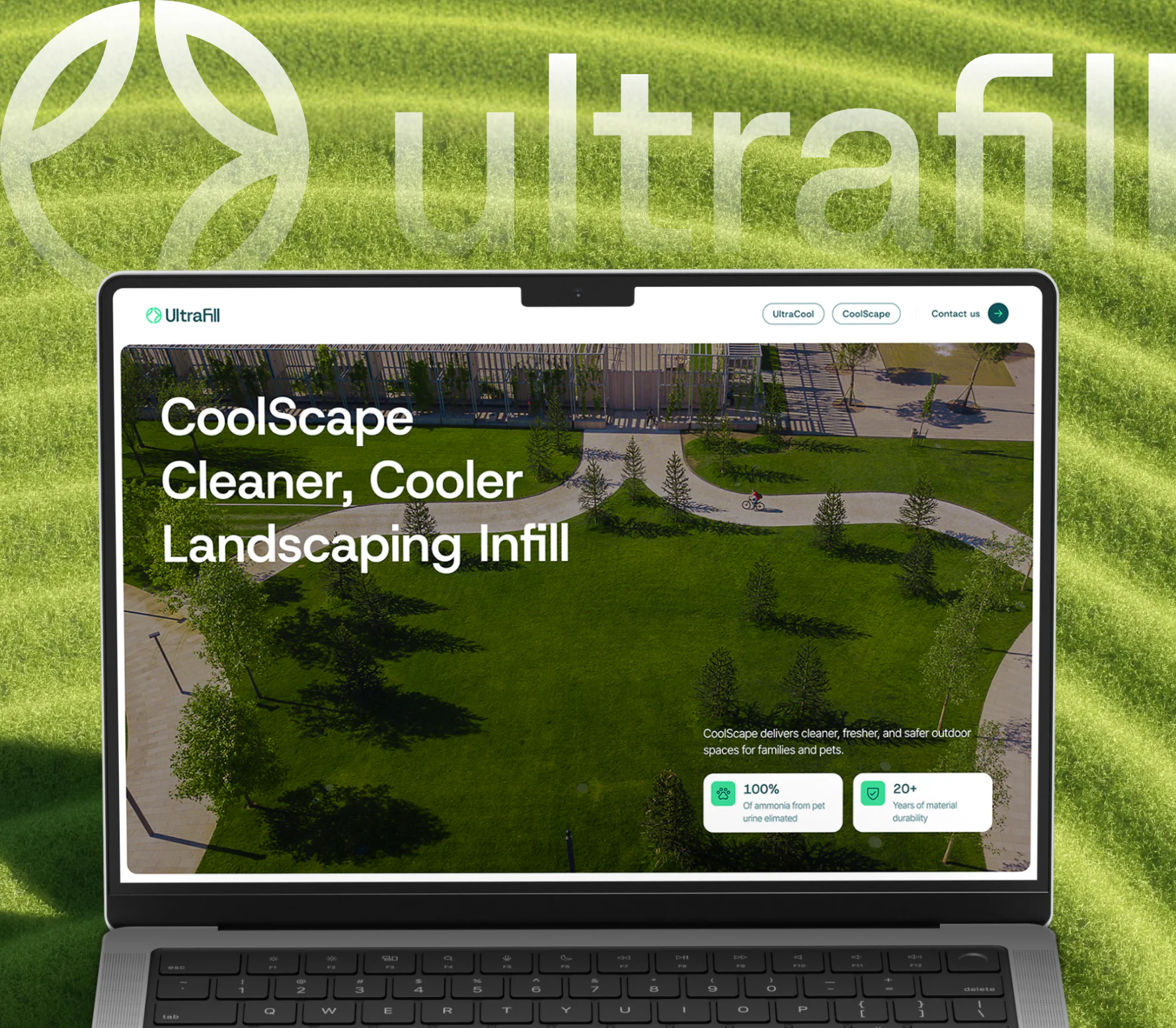 Cover image for the UltraFill digital catalog featuring the CoolScape landscaping infill product displayed on a laptop screen against a grass background.